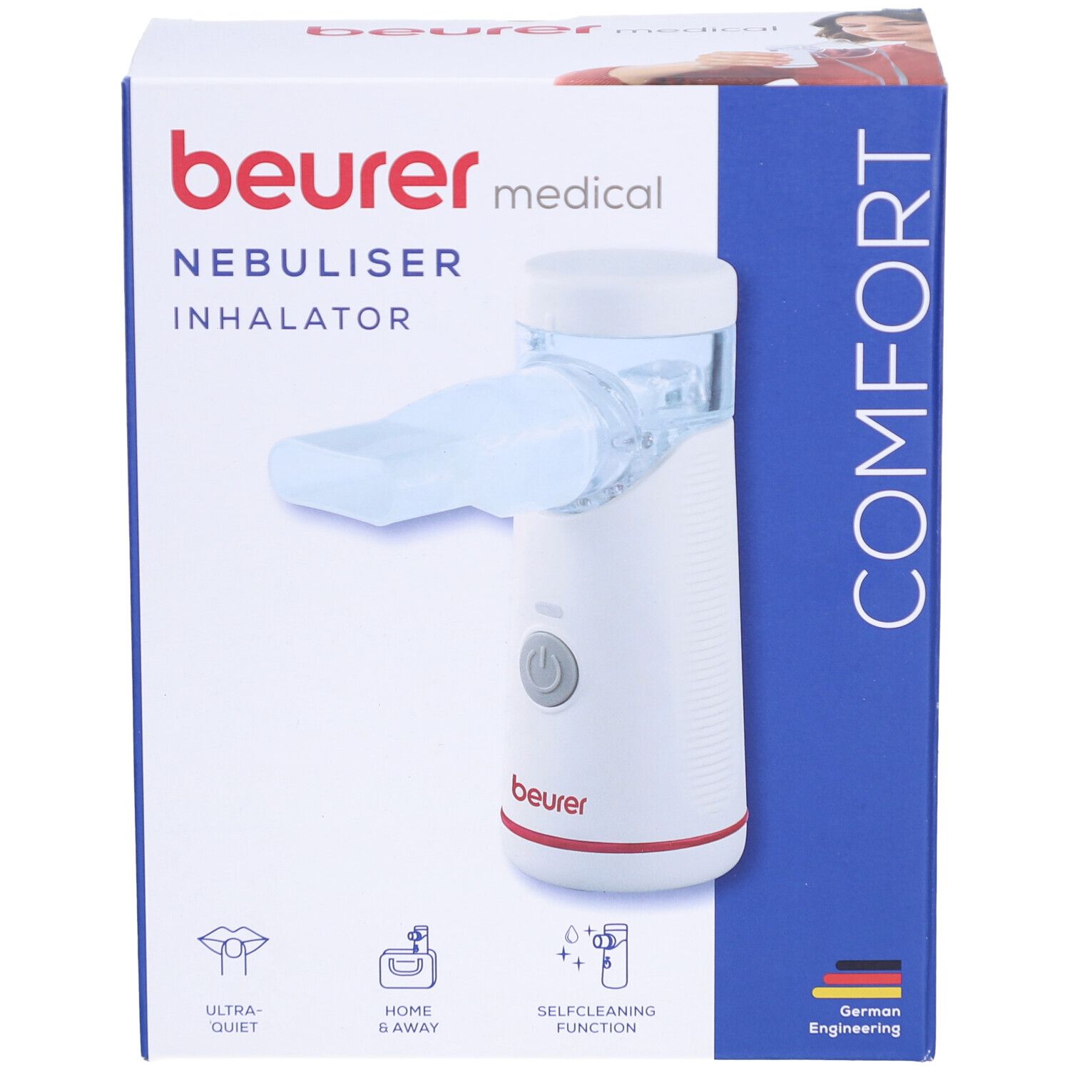 Beurer Inhalator IH 51 in der Verpackung. Weißes Gerät mit grauem Knopf und rotem Akzent. Schriftzug: NEBULISER INHALATOR.