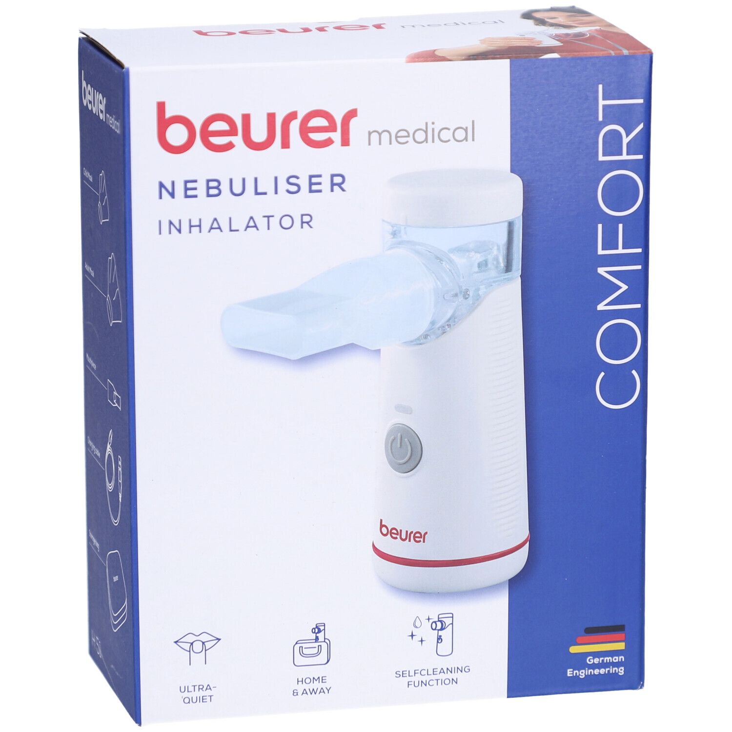 Beurer Inhalator IH 51 in der Verpackung. Weißes Gerät mit grauem Knopf und rotem Akzent. Logos: Ultra-Quiet, Home & Away, Selfcleaning Function.