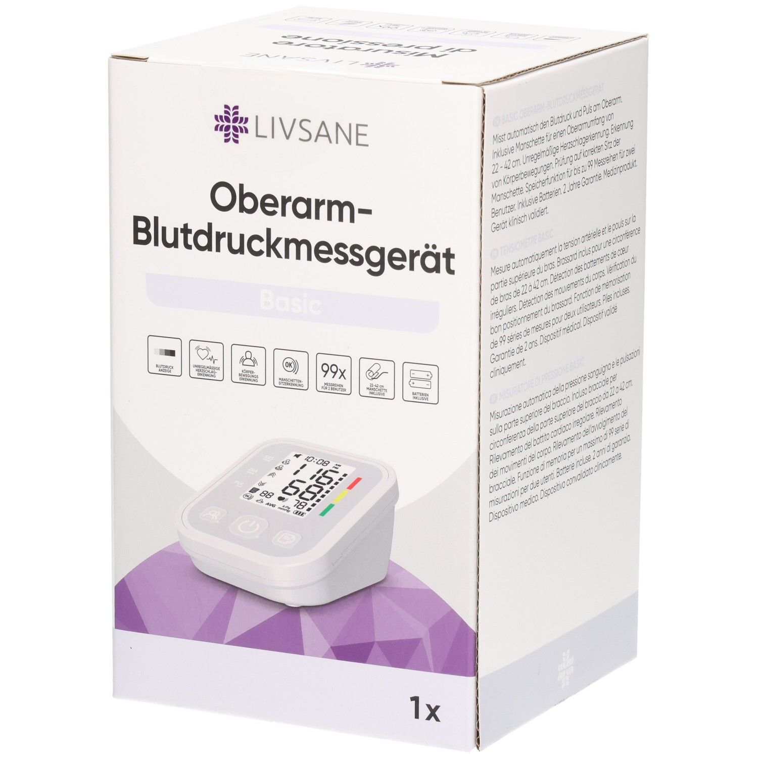 Emballage LIVSANE Tensiomètre Basic avec illustration du produit et icônes de fonctions.