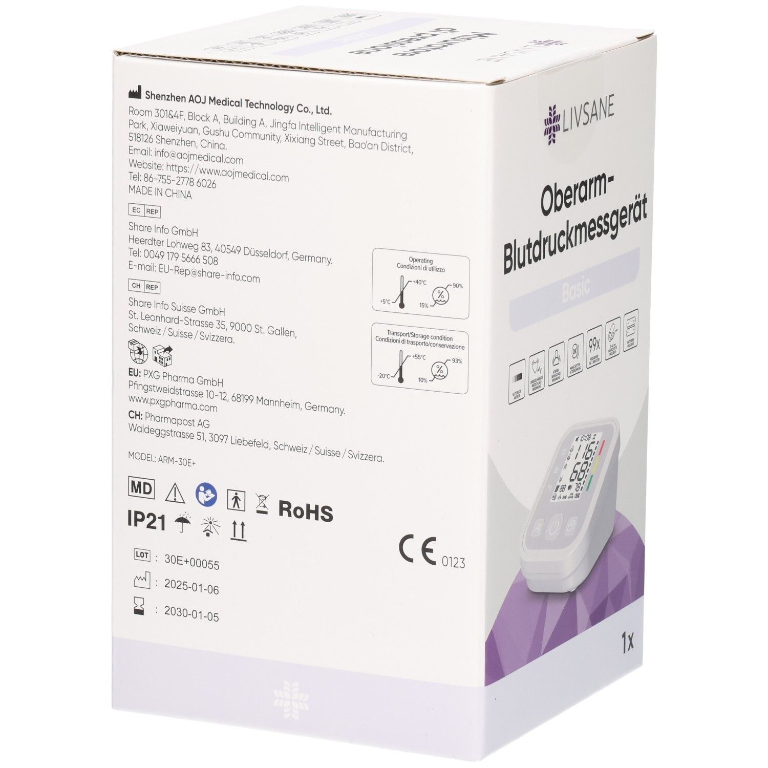 Arrière de l'emballage LIVSANE Tensiomètre Basic avec informations fabricant et certifications.