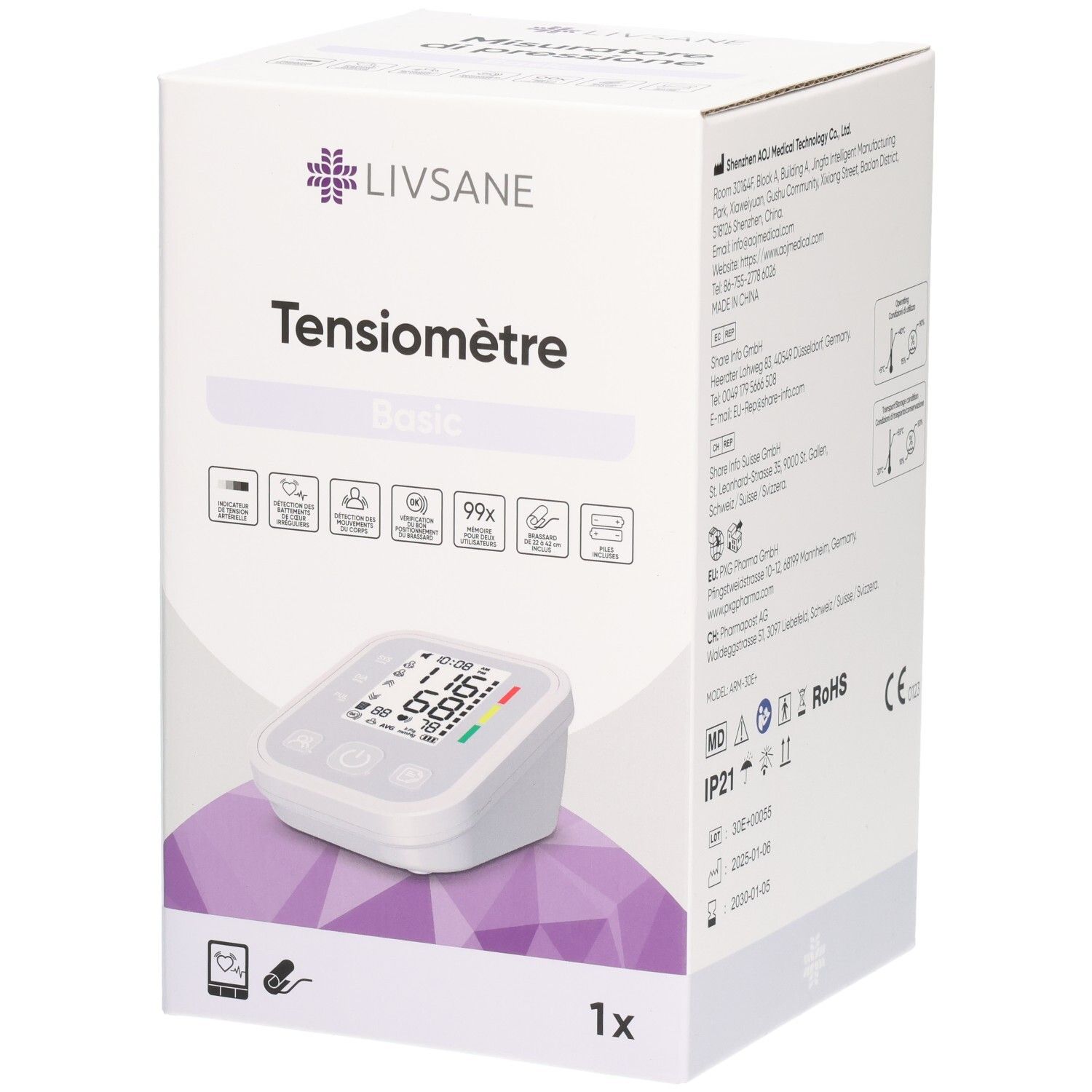 Emballage LIVSANE Tensiomètre Basic avec illustration du produit et icônes de fonctions.