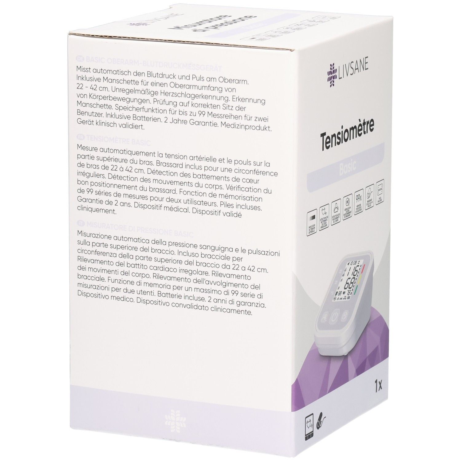 Côté de l'emballage LIVSANE Tensiomètre Basic avec description détaillée du produit en plusieurs langues.