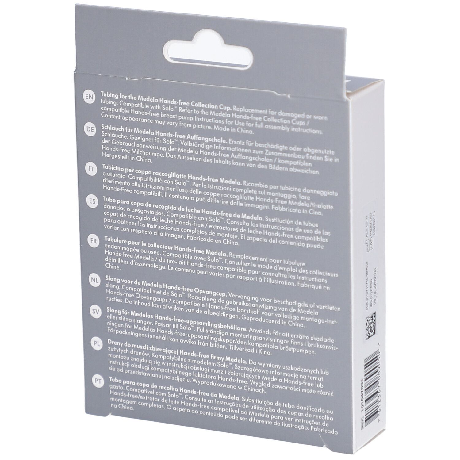 Rückseite der Verpackung. Hands-free Tubing. Text in mehreren Sprachen. Marke Medela. Produktinformationen.