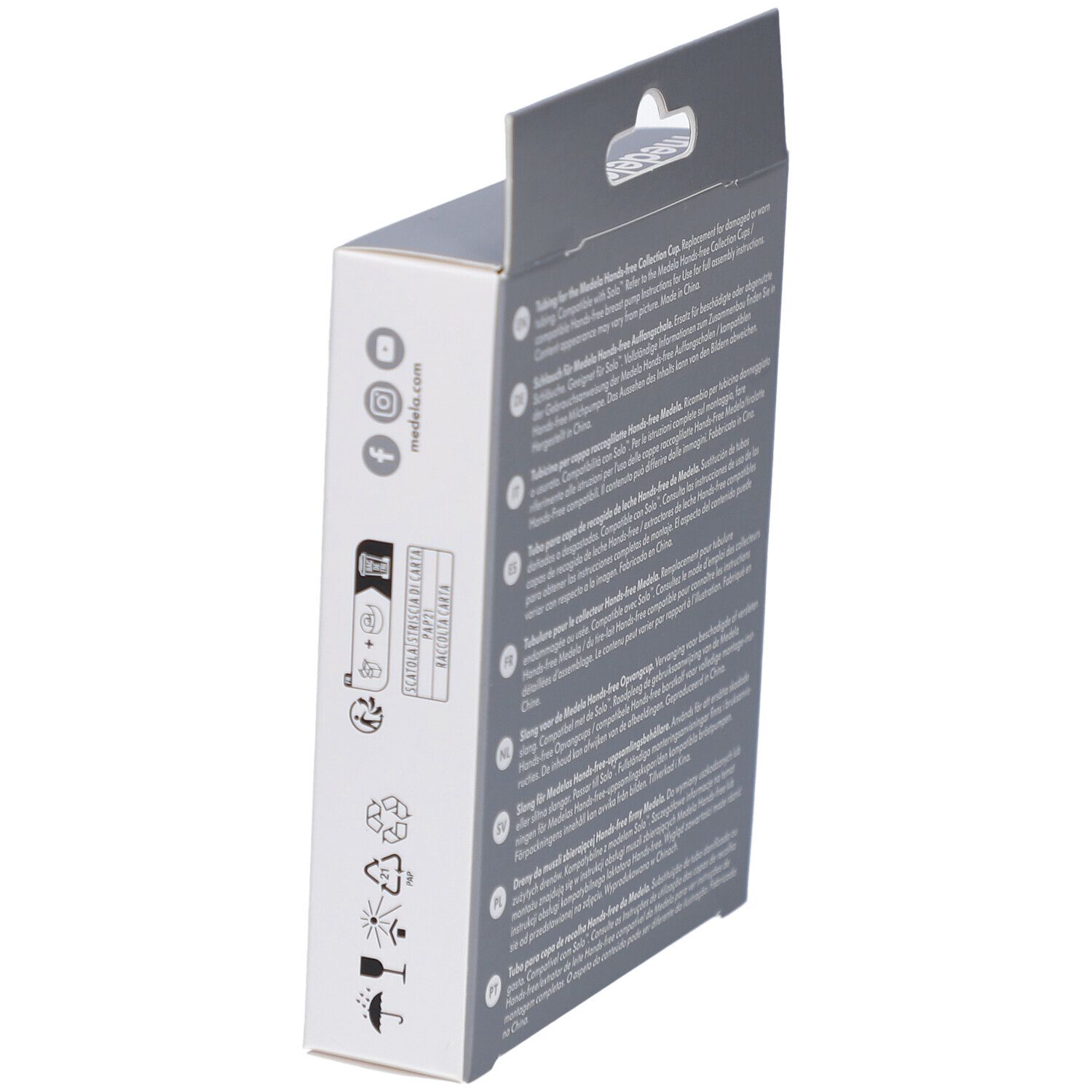 Seitenansicht der Verpackung. Hands-free Tubing. Marke Medela. Text und Logos. Produktinformationen.