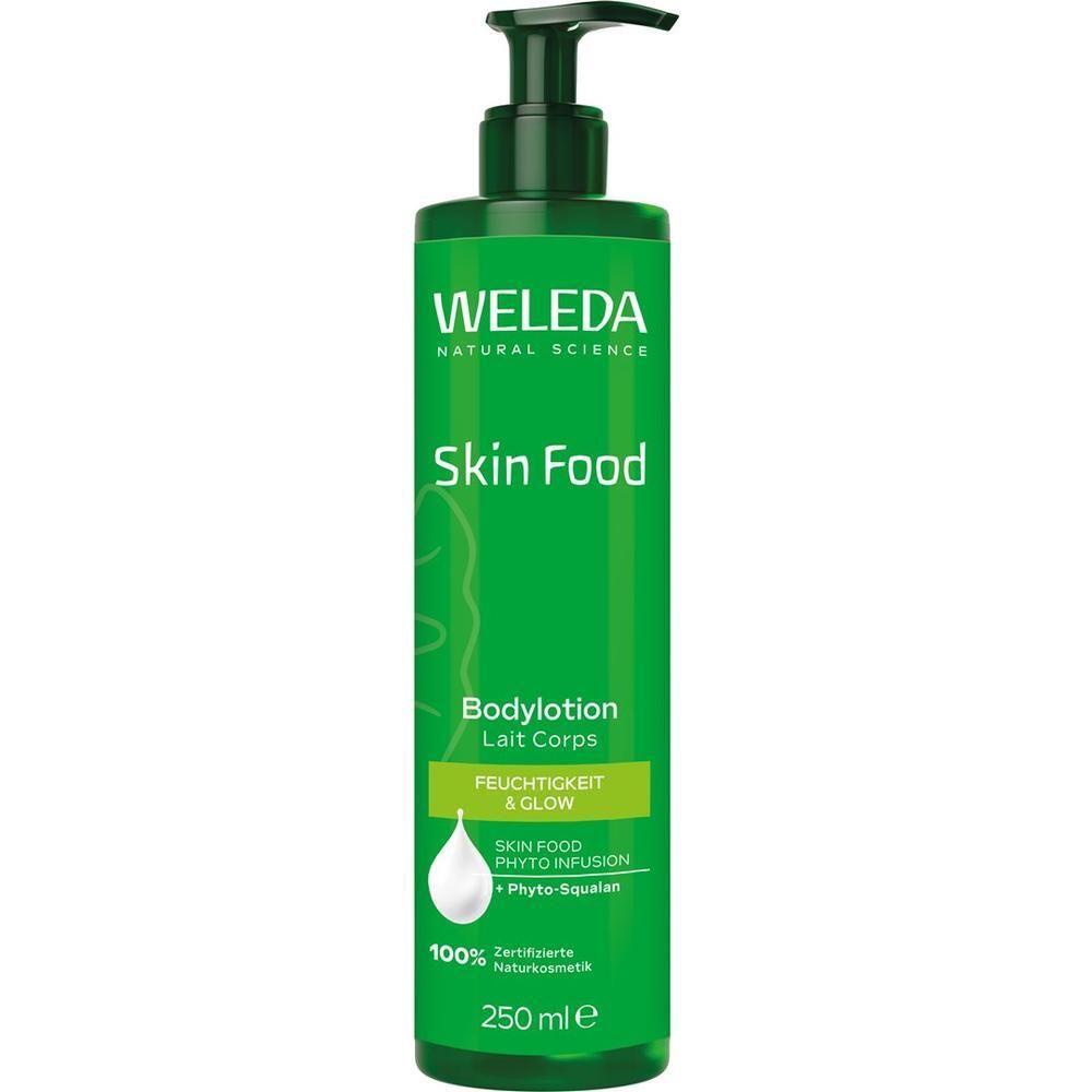 Grüne Flasche mit Pumpspender, WELEDA Skin Food Bodylotion, 250 ml.