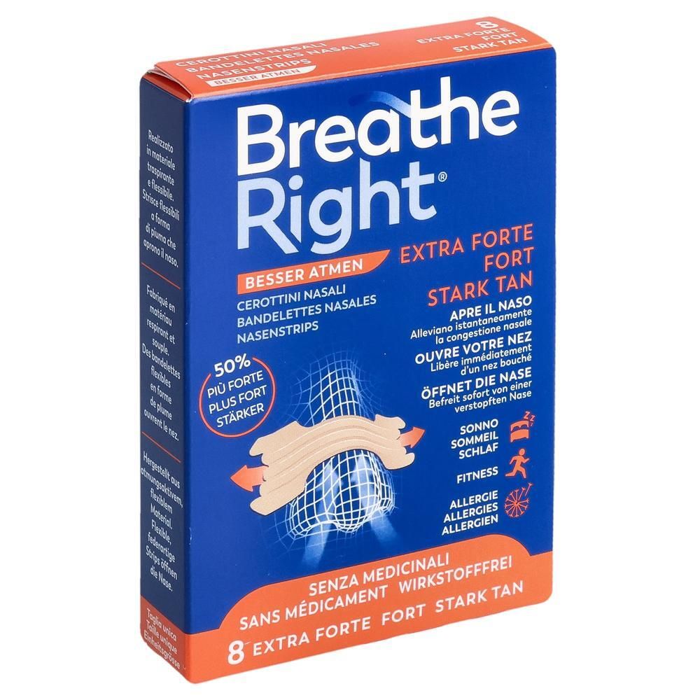 Boîte bleue et orange de Breathe Right Extra Forte Stark Tan. Contient 8 bandes nasales. Image du produit.