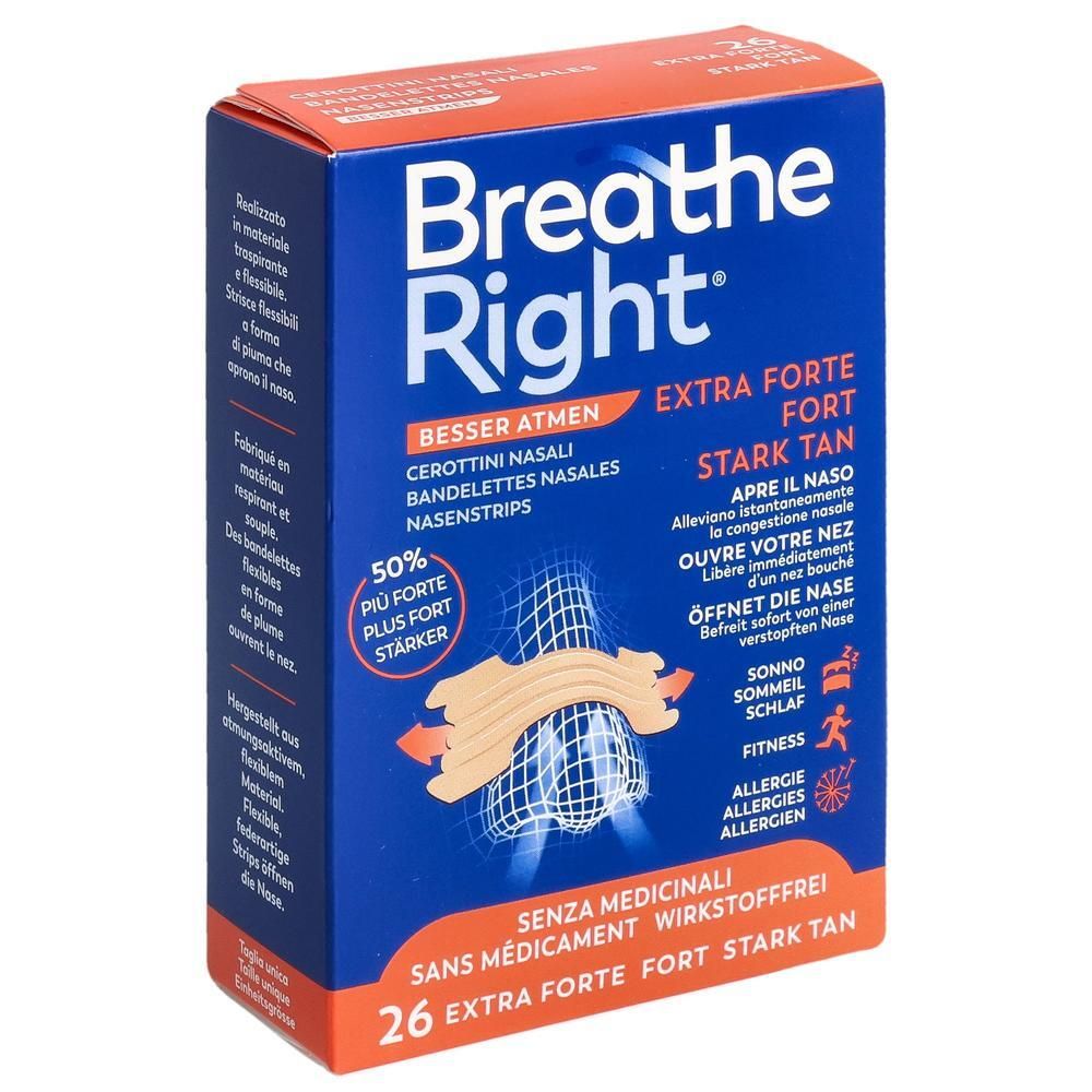 Boîte bleue et orange Breathe Right. Contient 26 bandes nasales Extra Forte Tan. Inscriptions multilingues.