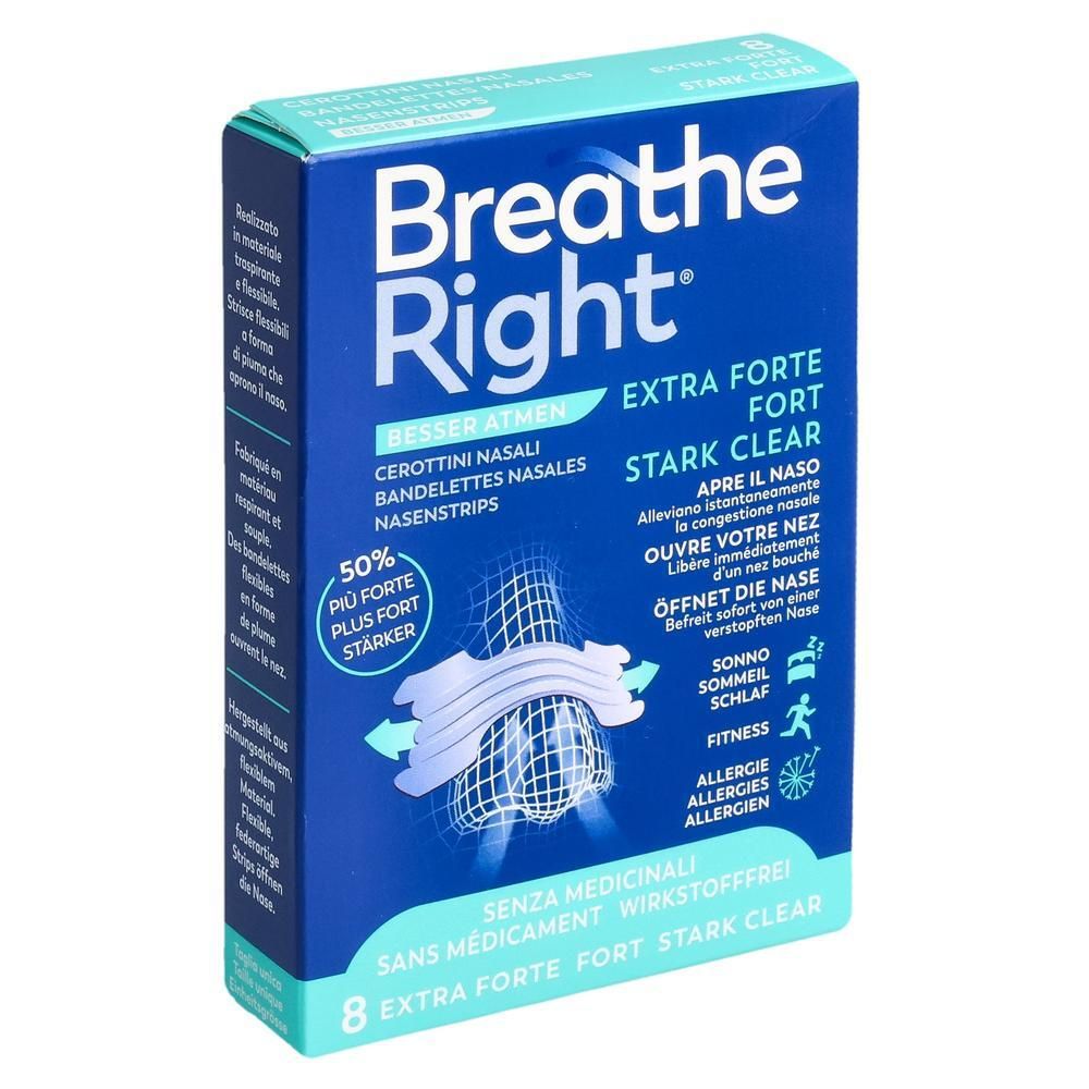 Boîte de Breathe Right Extra Fort. Bleu avec nom et illustration du produit. Contient 8 bandes nasales.