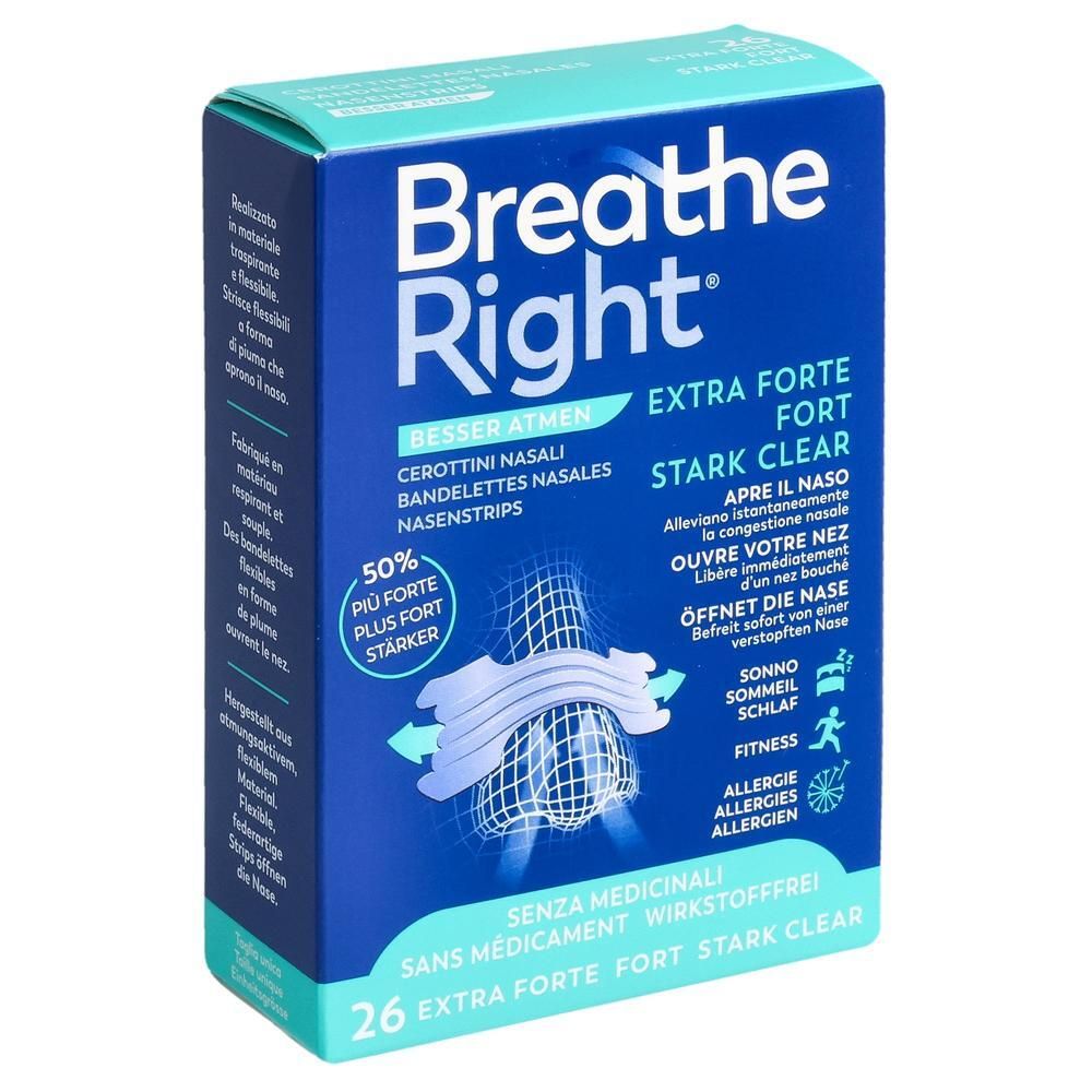 Boîte bleue et blanche avec logo Breathe Right. Texte: Extra Forte, Stark Clear, 26 bandes nasales. Illustration: forme de nez avec bandes.