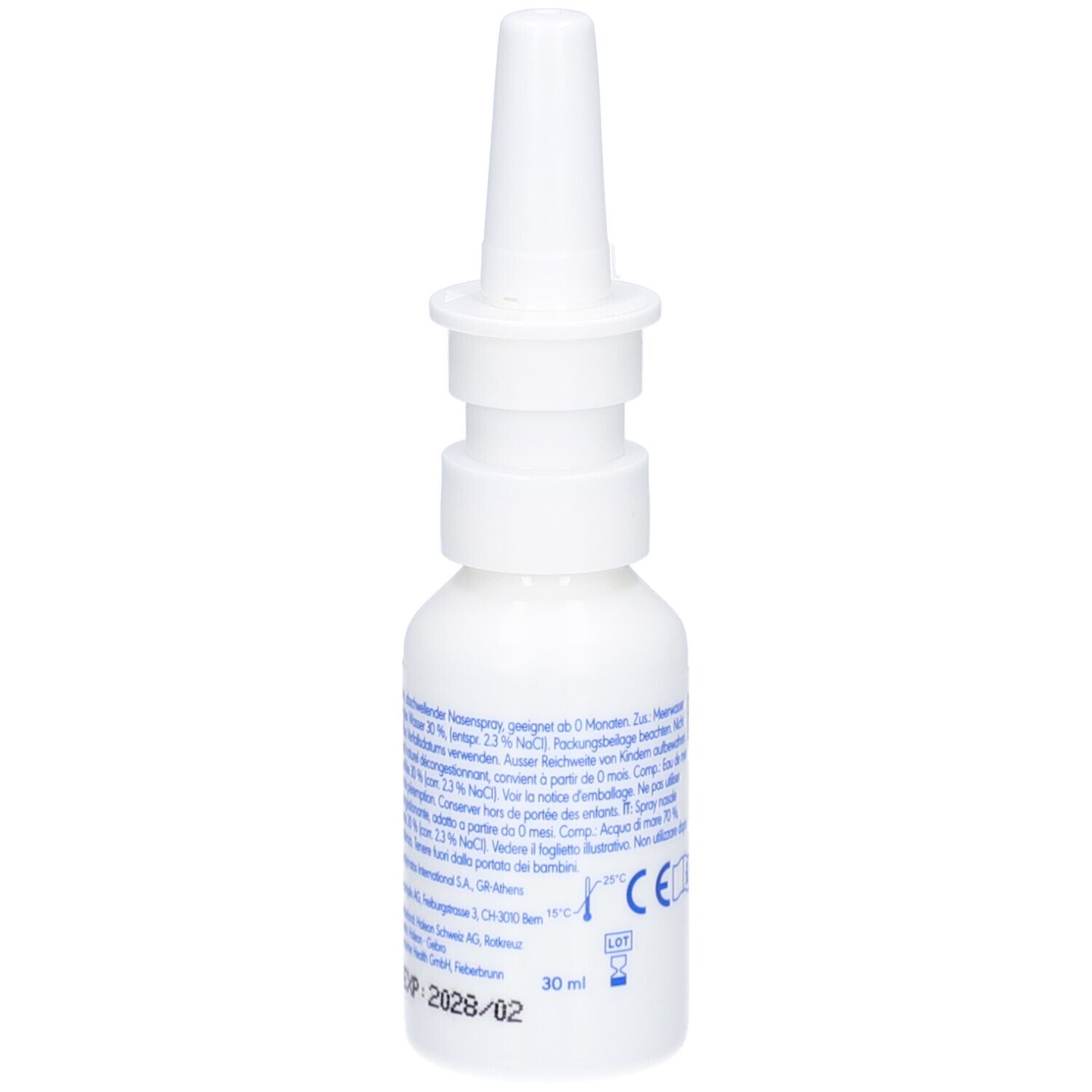Weiße Flasche mit Nasenspray-Aufsatz. Rückseite mit Text, CE-Zeichen und Verfallsdatum.