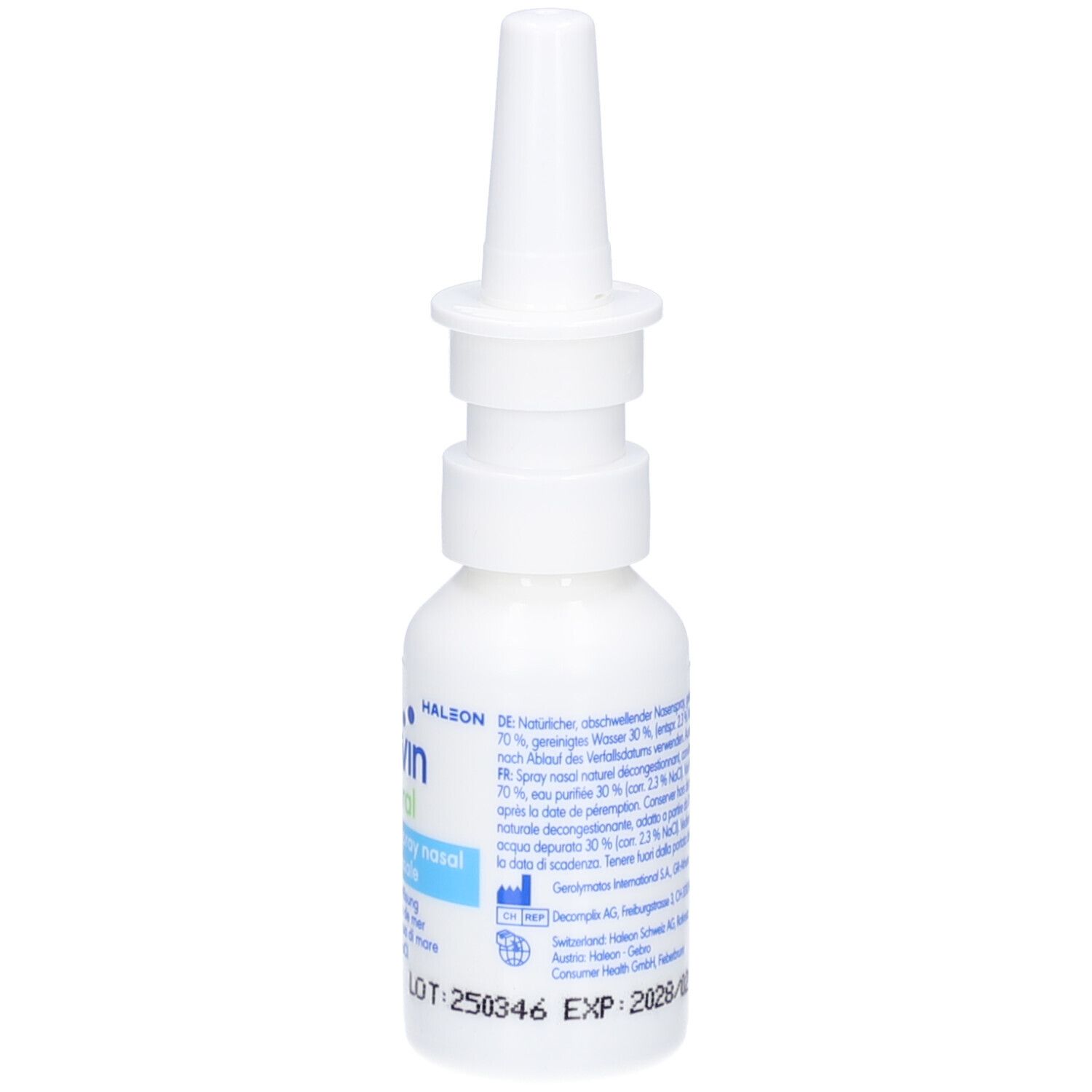 Weiße Flasche mit Nasenspray-Aufsatz. Rückseite mit Text, CE-Zeichen und Verfallsdatum.