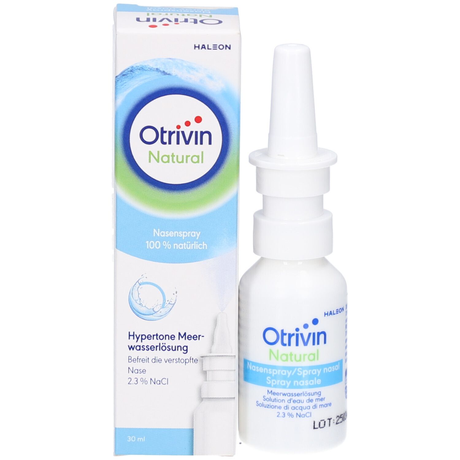 Produktverpackung und Flasche. Aufschrift: Otrivin Natural, Nasenspray, Meerwasserlösung.