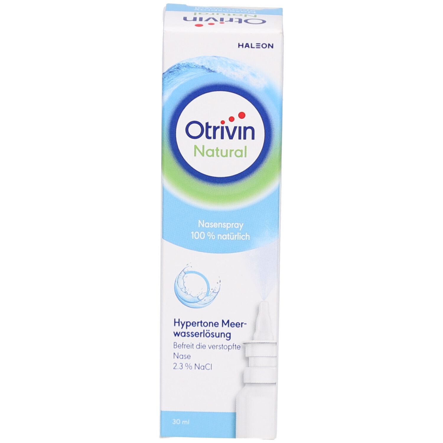 Produktverpackung. Aufschrift: Otrivin Natural, Nasenspray, Meerwasserlösung.