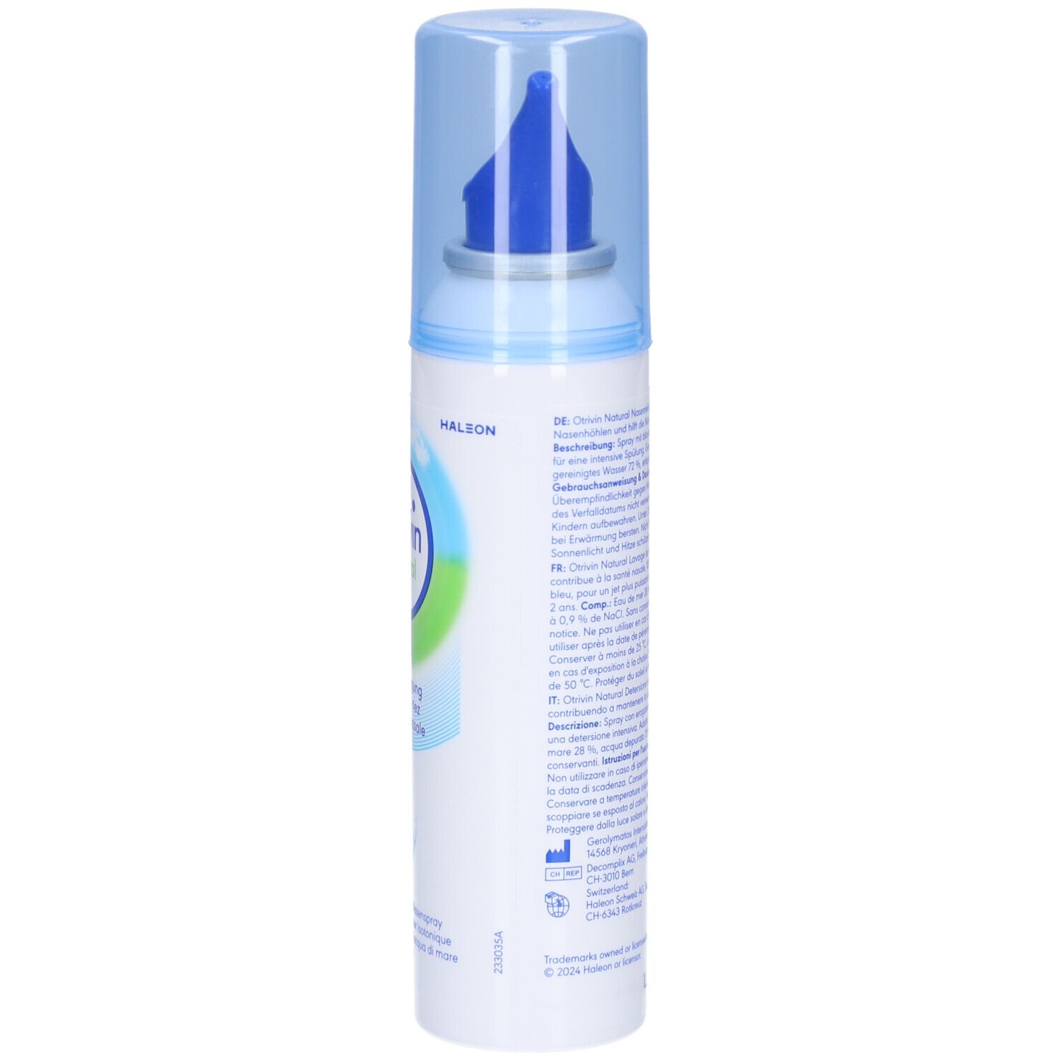 Dos du flacon de spray nasal. Texte en plusieurs langues. Inscription: Otrivin Natural. Autres textes et informations.