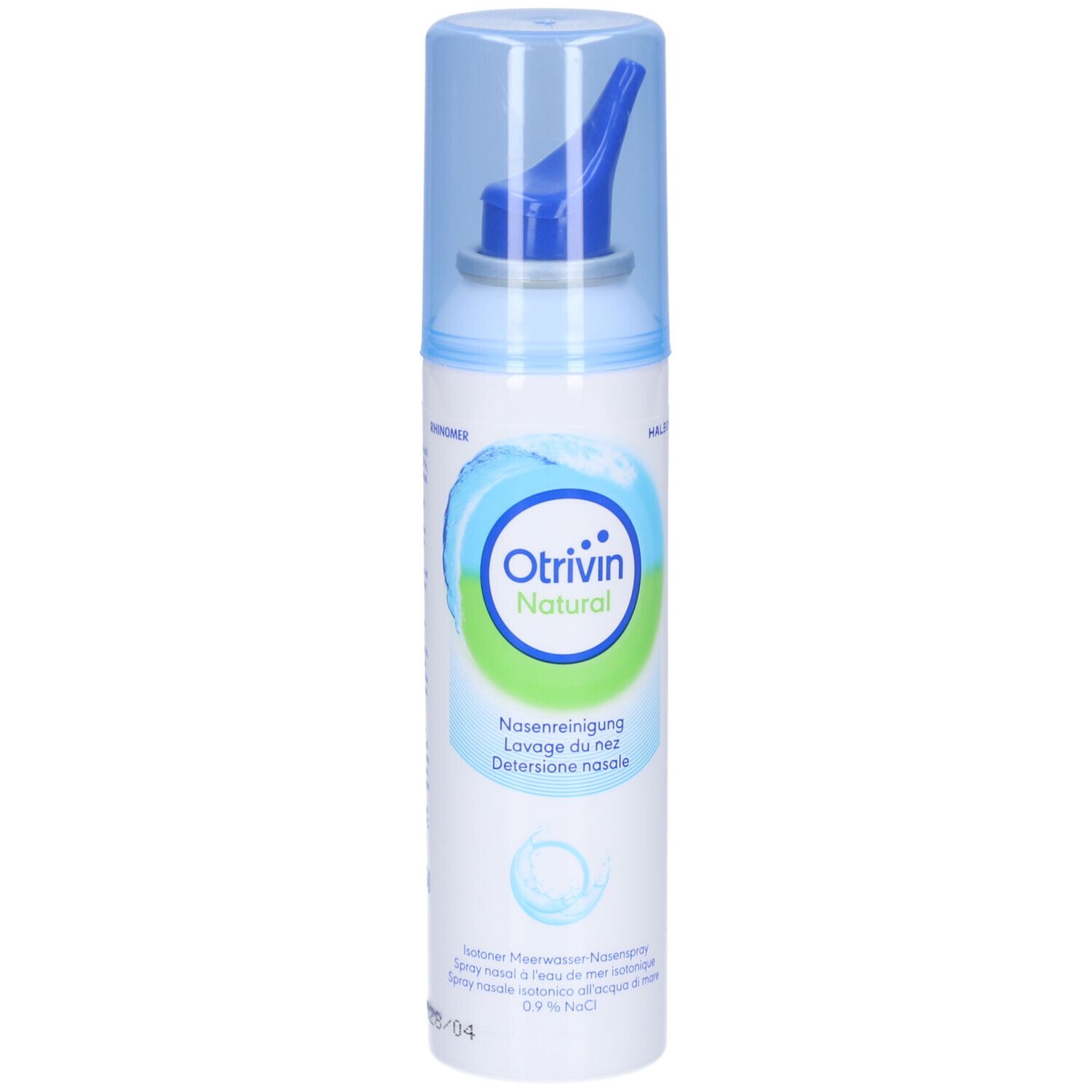 Flacon de spray nasal bleu et blanc. Inscription: Otrivin Natural. Texte: Nettoyage nasal, Lave du nez, Deterzione nasale.