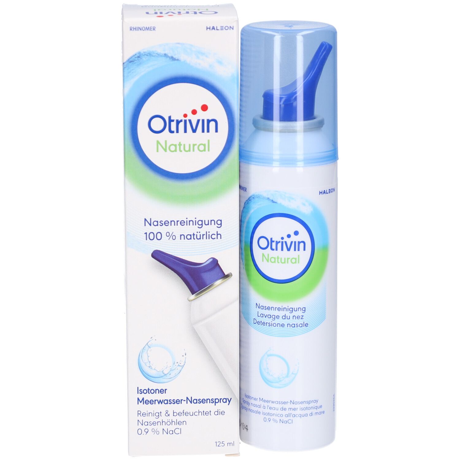 Emballage et flacon de spray nasal. Inscription: Otrivin Natural. Texte: Nettoyage nasal 100% naturel. Spray nasal à l'eau de mer isotonique.