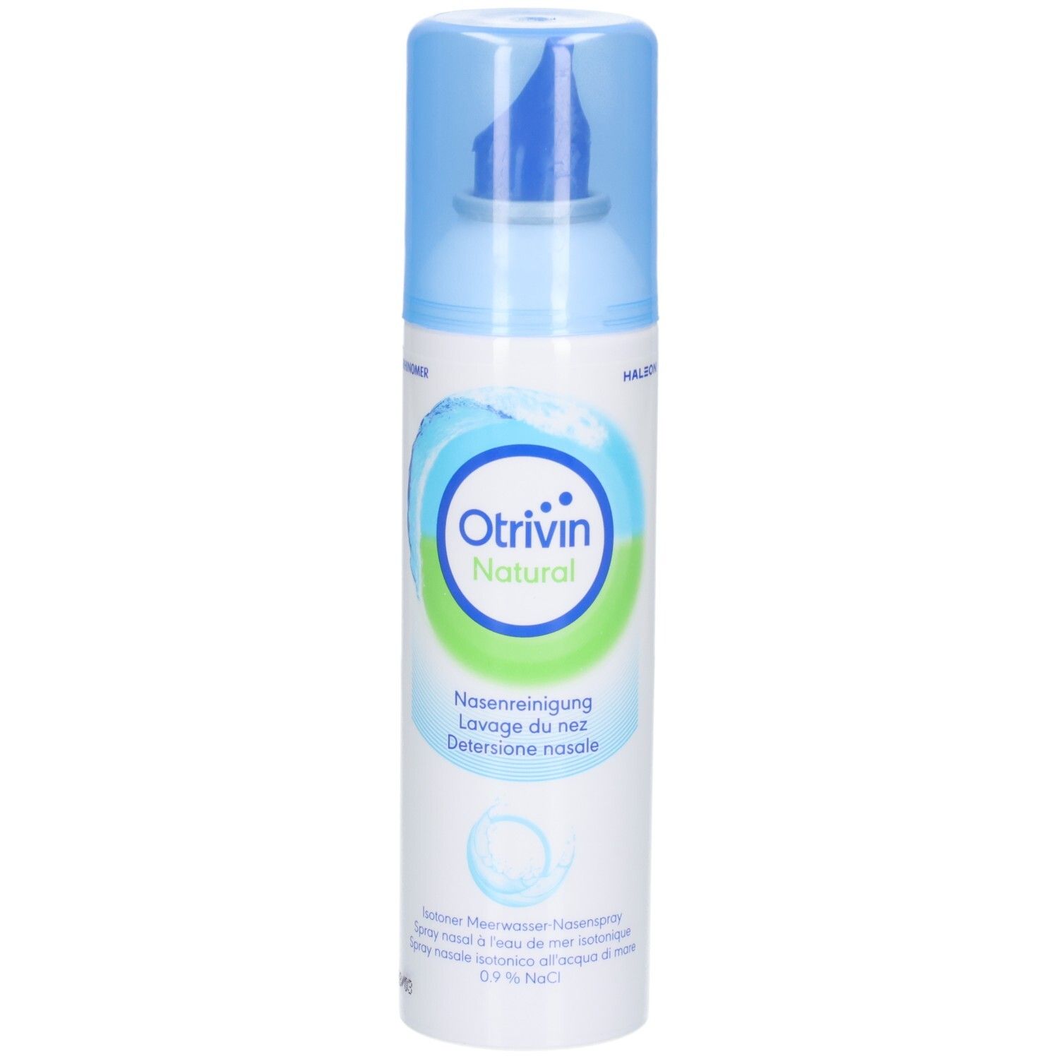 Spray Otrivin Natural pour le nez avec applicateur et capuchon bleus.
