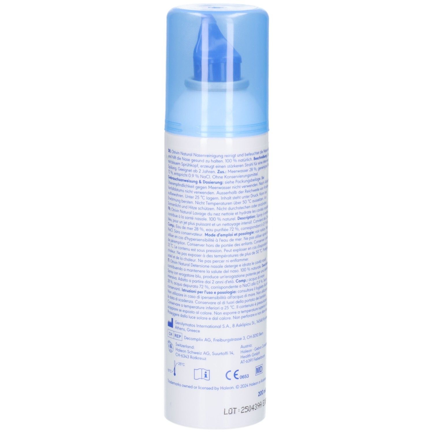 Côté du spray Otrivin Natural pour le nez avec instructions d'application et marquage CE.