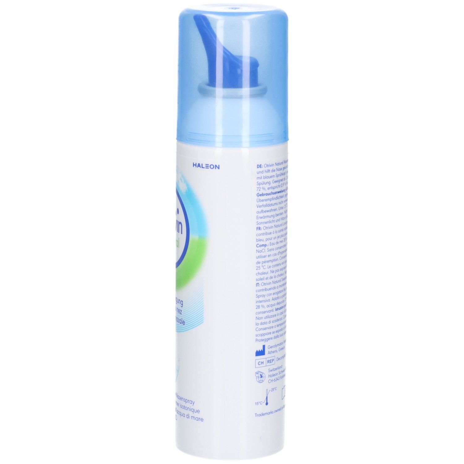Spray Otrivin Natural pour le nez, vue latérale axée sur l'applicateur bleu.