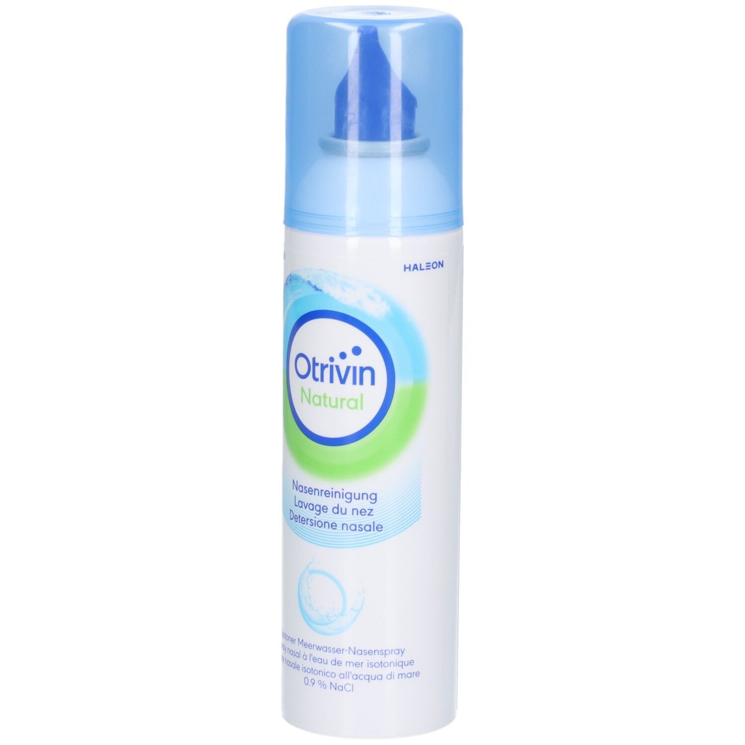 Spray Otrivin Natural pour le nez, vue de face avec applicateur et capuchon bleus.