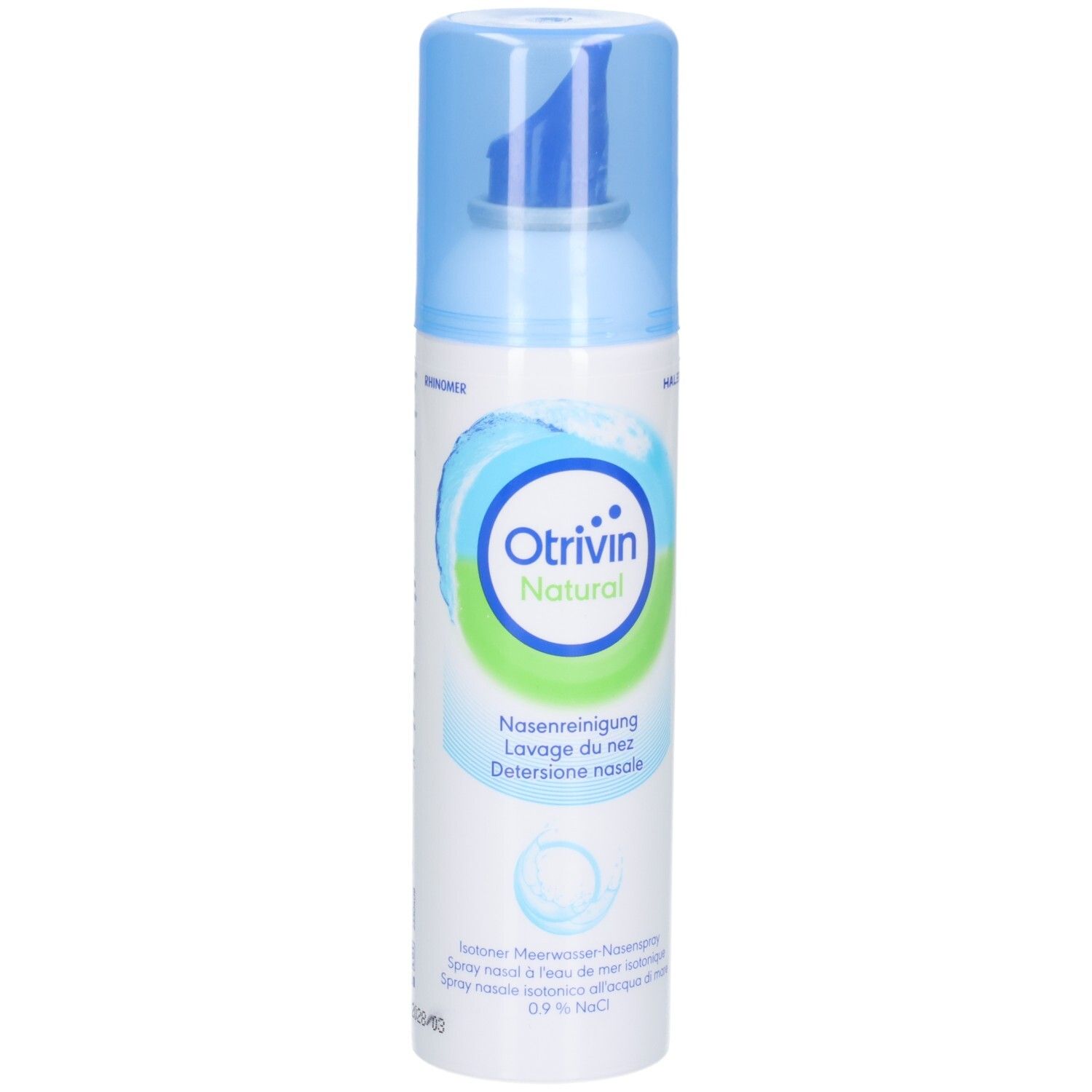 Spray Otrivin Natural pour le nez, légèrement en biais de face avec applicateur bleu.