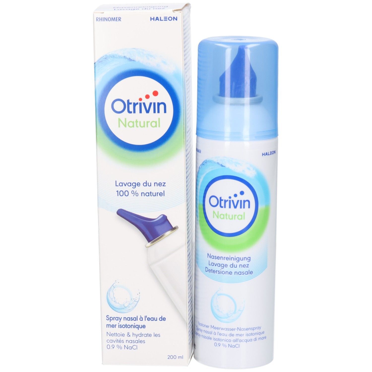 Spray Otrivin Natural pour le nez à côté de son emballage, tous deux avec applicateur bleu.
