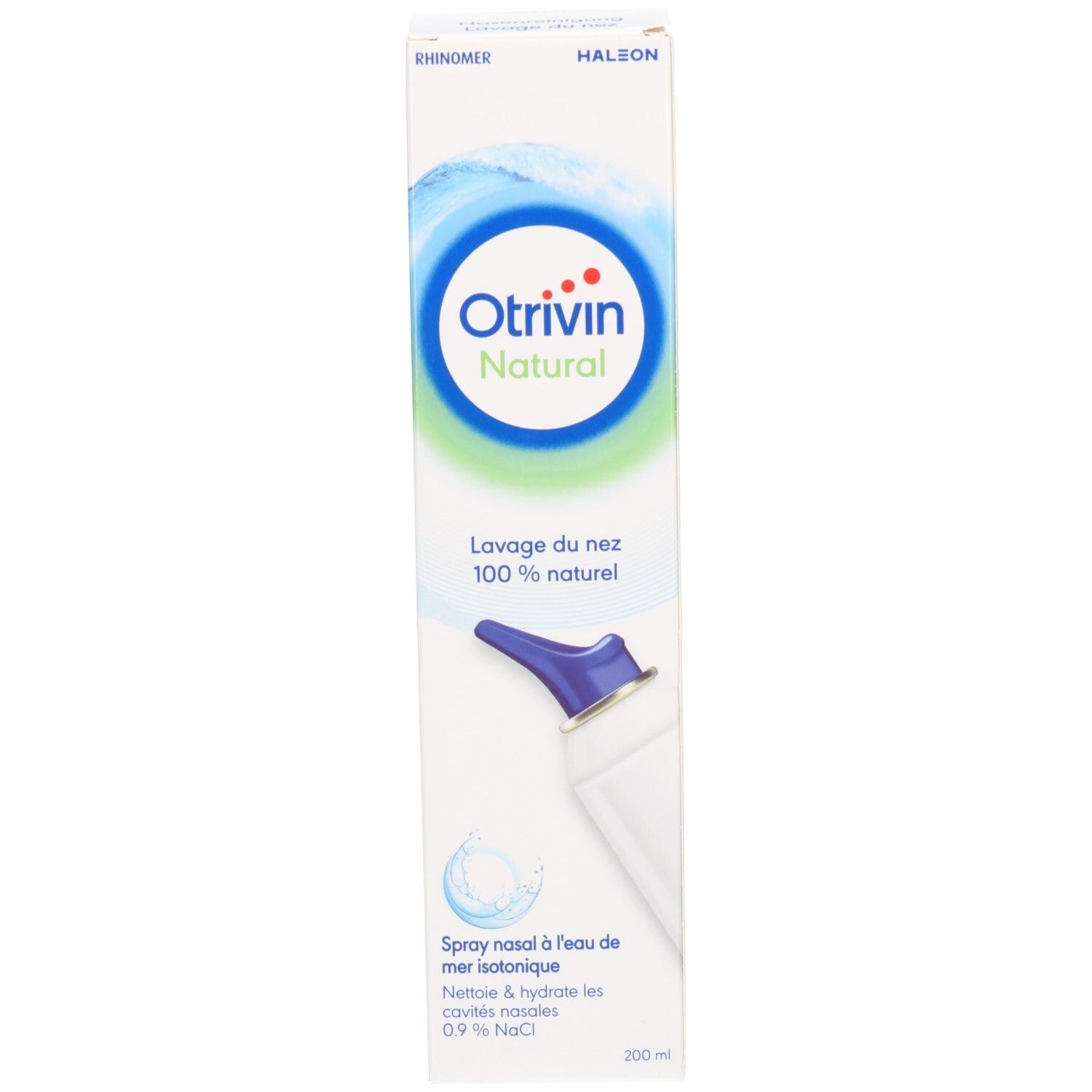 Emballage du spray Otrivin Natural pour le nez avec applicateur bleu et informations produit.