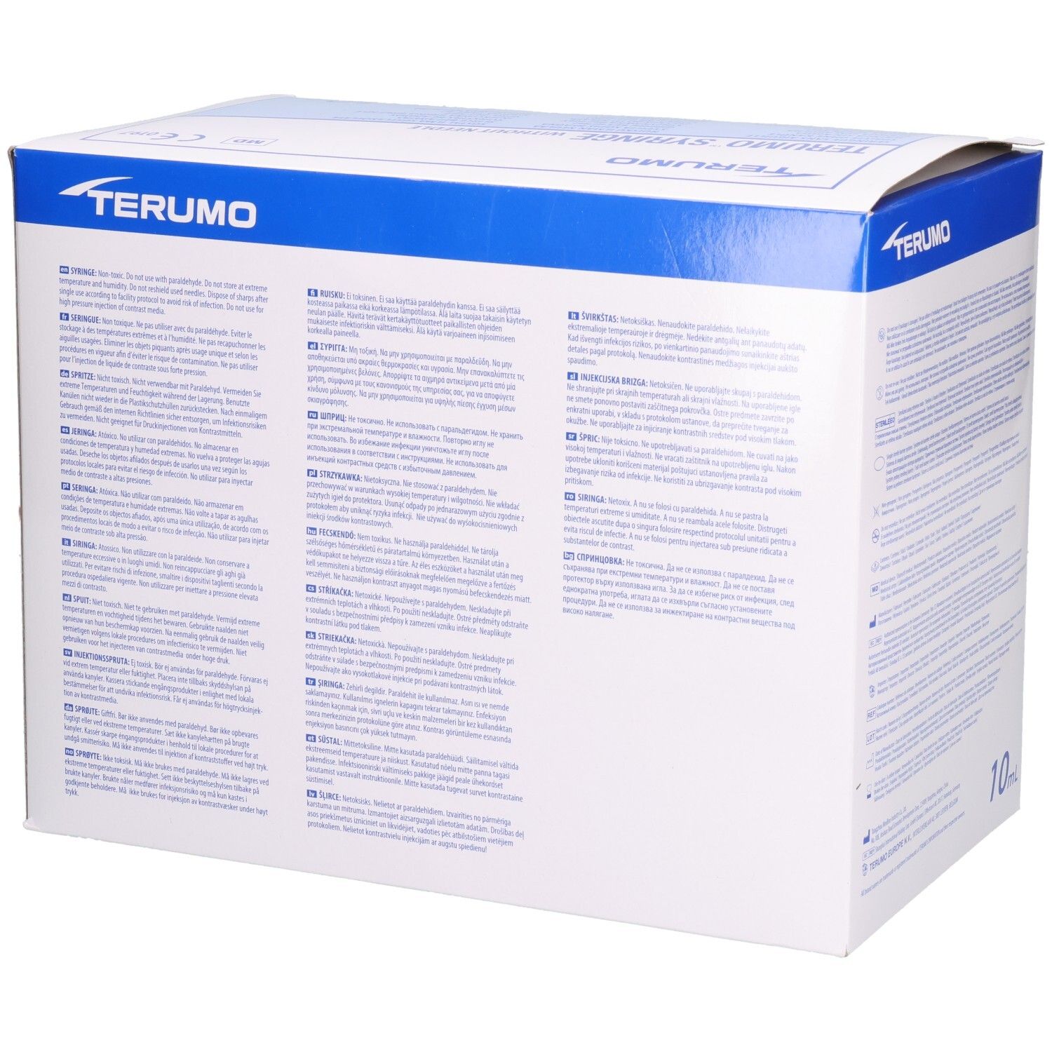 Verpackung der TERUMO Spritze. Aufschrift: TERUMO SYRINGE WITHOUT NEEDLE, 10 ml. Blaue und weiße Schachtel mit Logo.