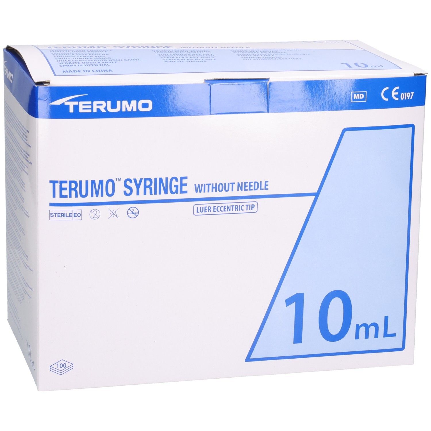 Verpackung der TERUMO Spritze. Aufschrift: TERUMO SYRINGE WITHOUT NEEDLE, 10 ml. Blaue und weiße Schachtel mit Logo und Zertifizierung.