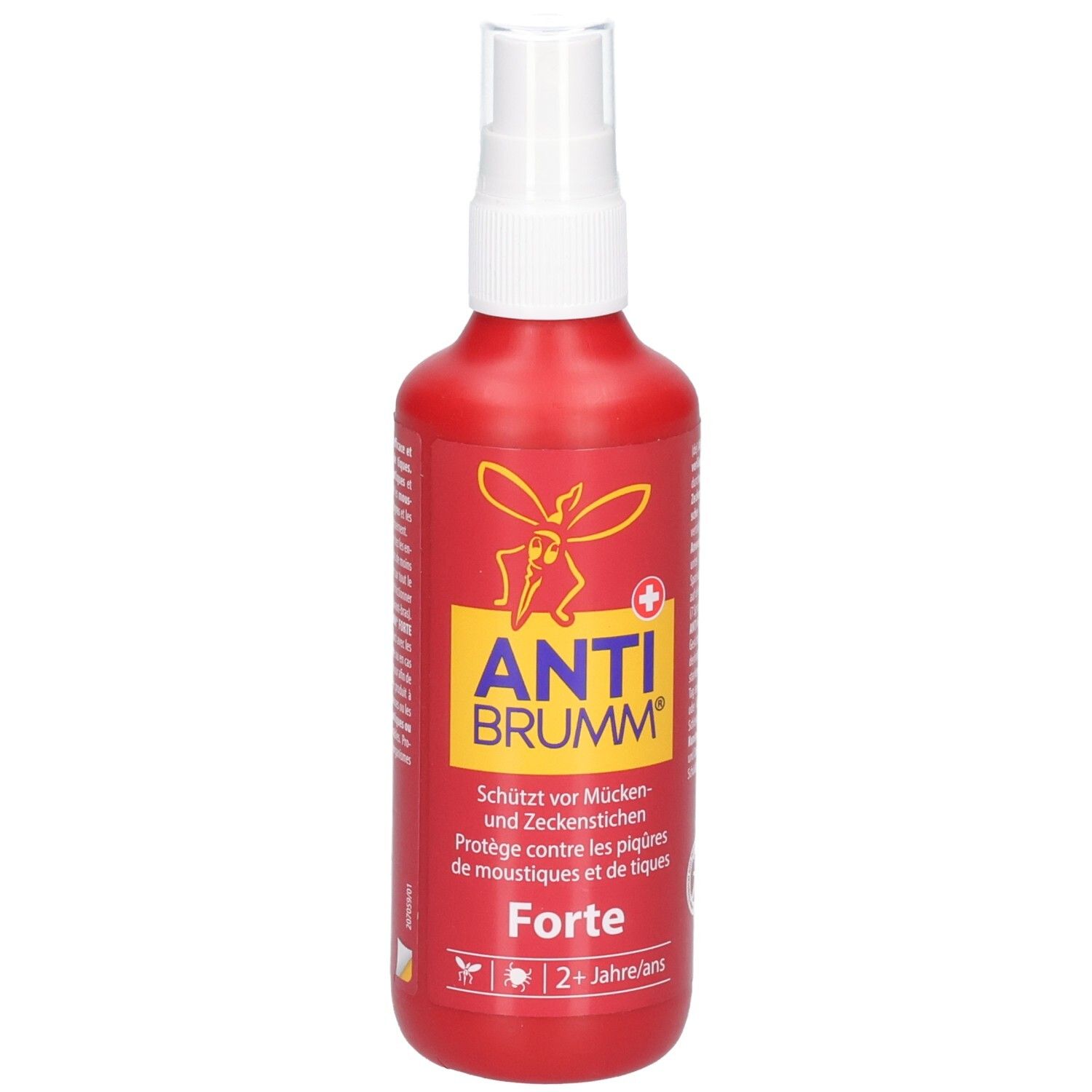 Rote Sprayflasche mit weißem Sprühkopf. Gelbes Etikett mit rotem Mückensymbol und Produktinformationen.