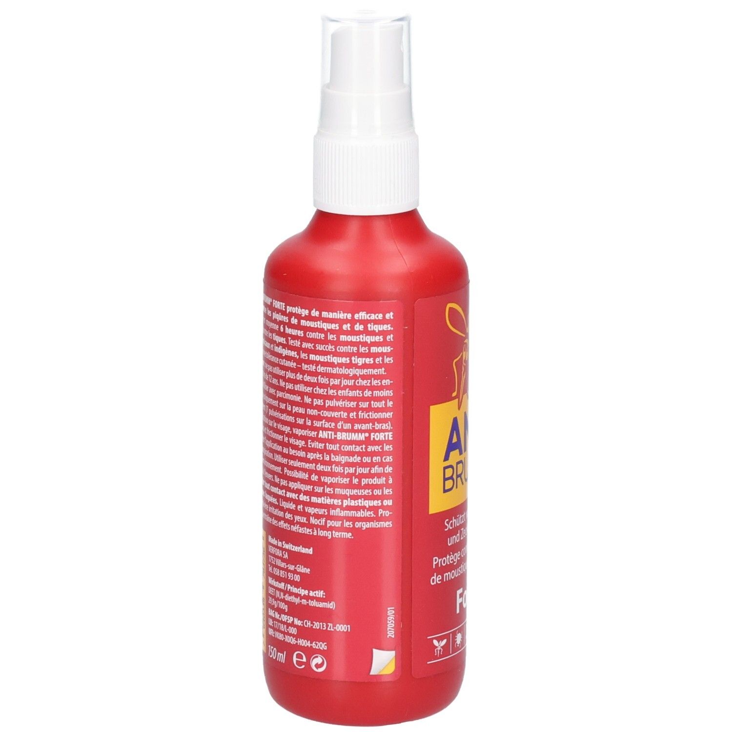 Rückseite einer roten Sprayflasche mit detaillierten Anwendungshinweisen und Produktinformationen auf mehreren Sprachen.