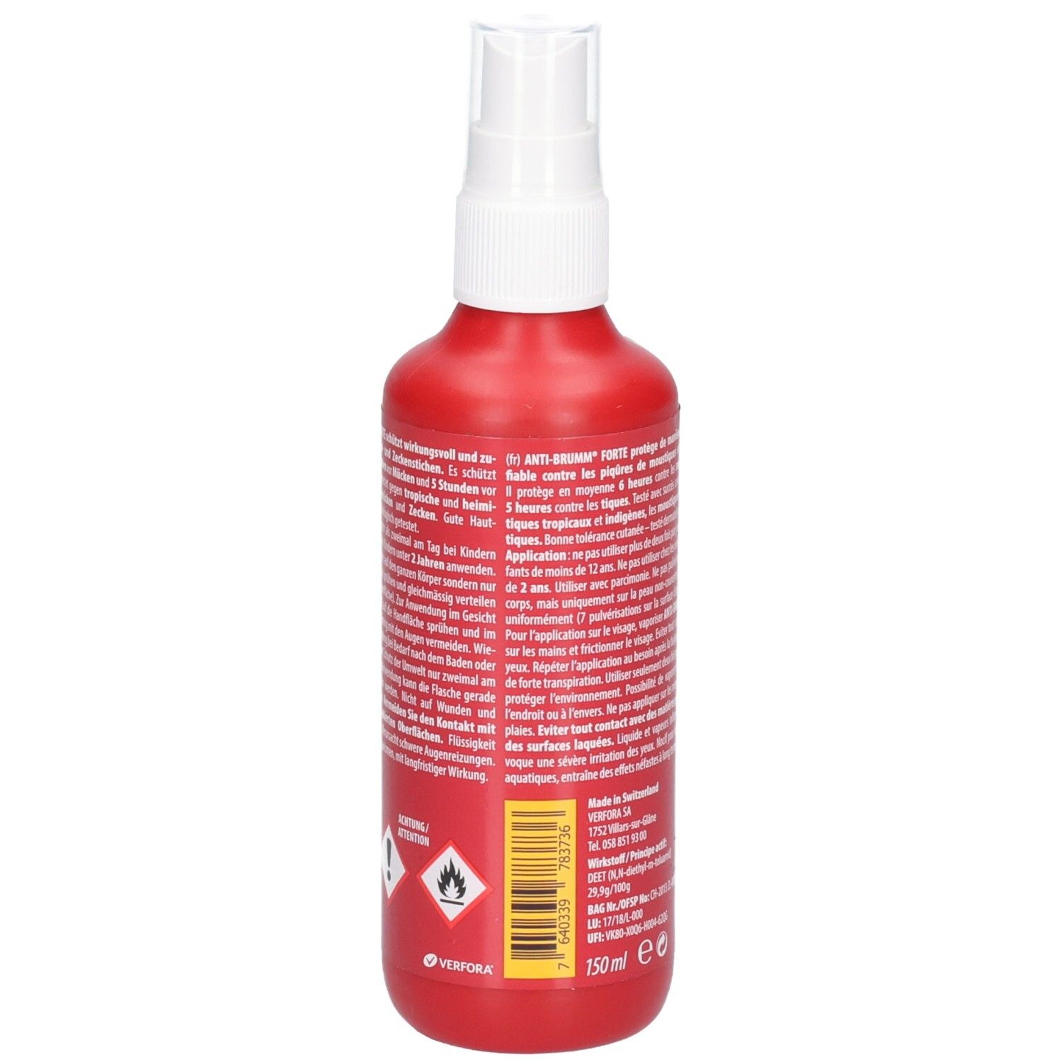 Rückseite einer roten Sprayflasche mit Warnsymbolen, Barcode und Mengenangabe 150 ml.