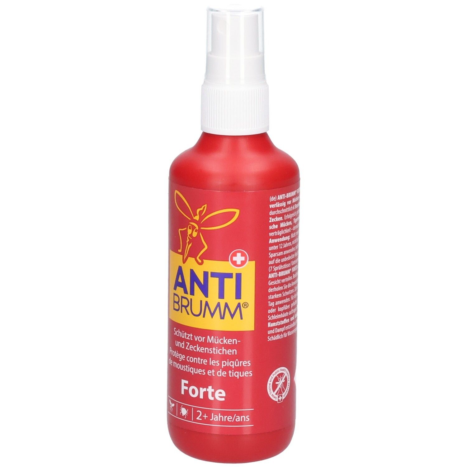 Rote Sprayflasche mit weißem Sprühkopf. Gelbes Etikett mit rotem Mückensymbol, Produktinformationen und Altershinweis.