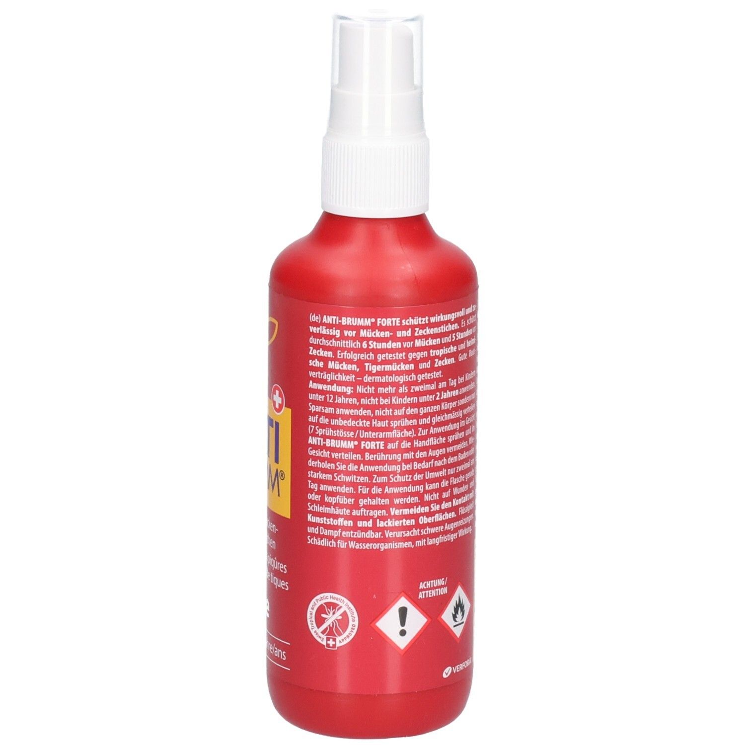Rückseite einer roten Sprayflasche mit detaillierten Anwendungshinweisen, Warnsymbolen und Mengenangabe 150 ml.