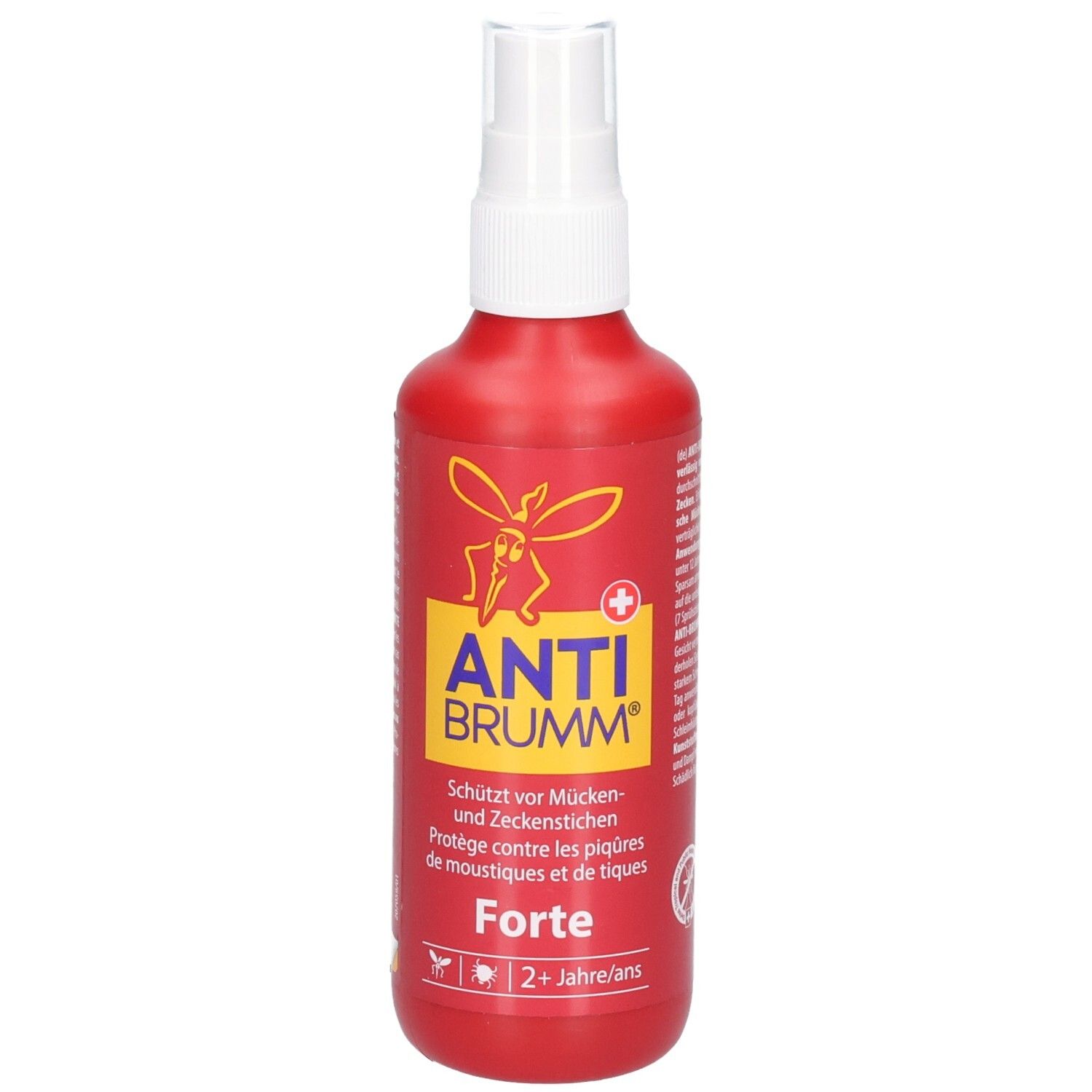 Rote Sprayflasche mit weißem Sprühkopf. Gelbes Etikett mit rotem Mückensymbol, Produktinformationen und Altershinweis.