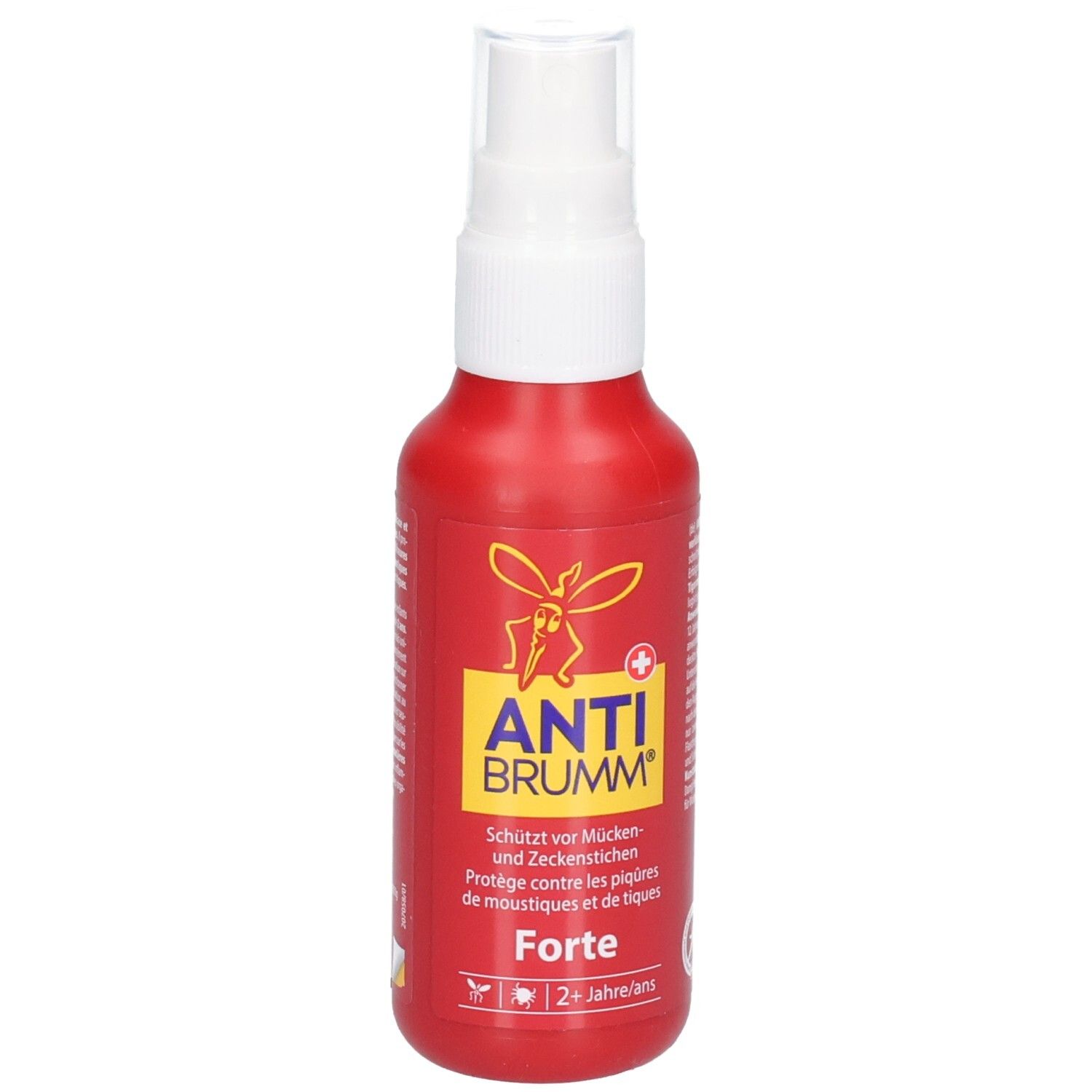 Flacon pulvérisateur rouge avec bouchon blanc. Étiquette jaune avec inscription rouge 'ANTI BRUMM' et un moustique.