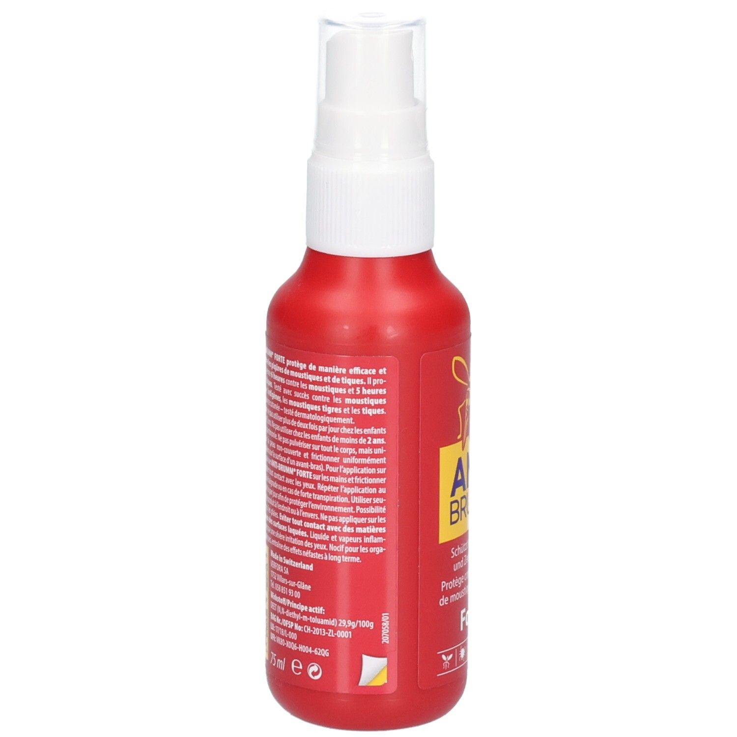Arrière d'un flacon pulvérisateur rouge avec instructions d'utilisation détaillées et informations produit en plusieurs langues.