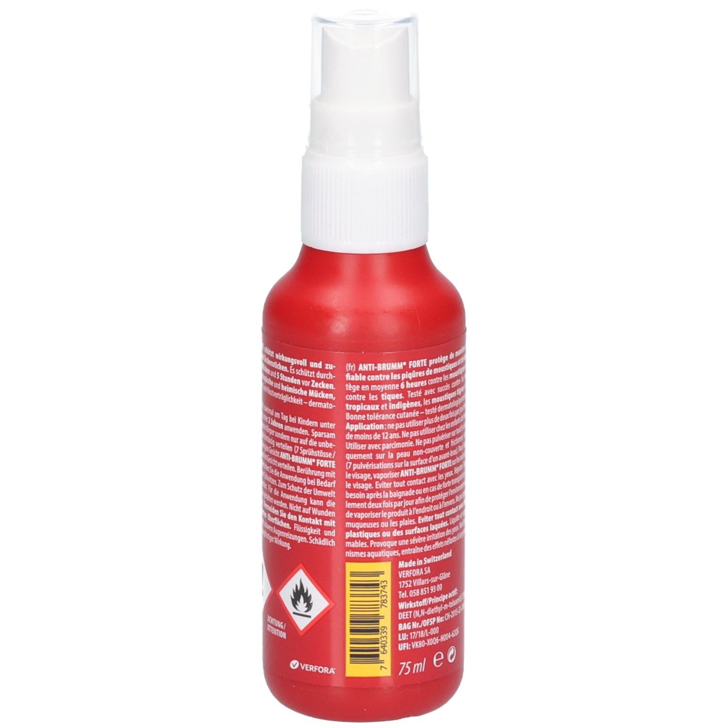 Vue latérale d'un flacon pulvérisateur rouge avec symboles de danger et code-barres sur l'étiquette.