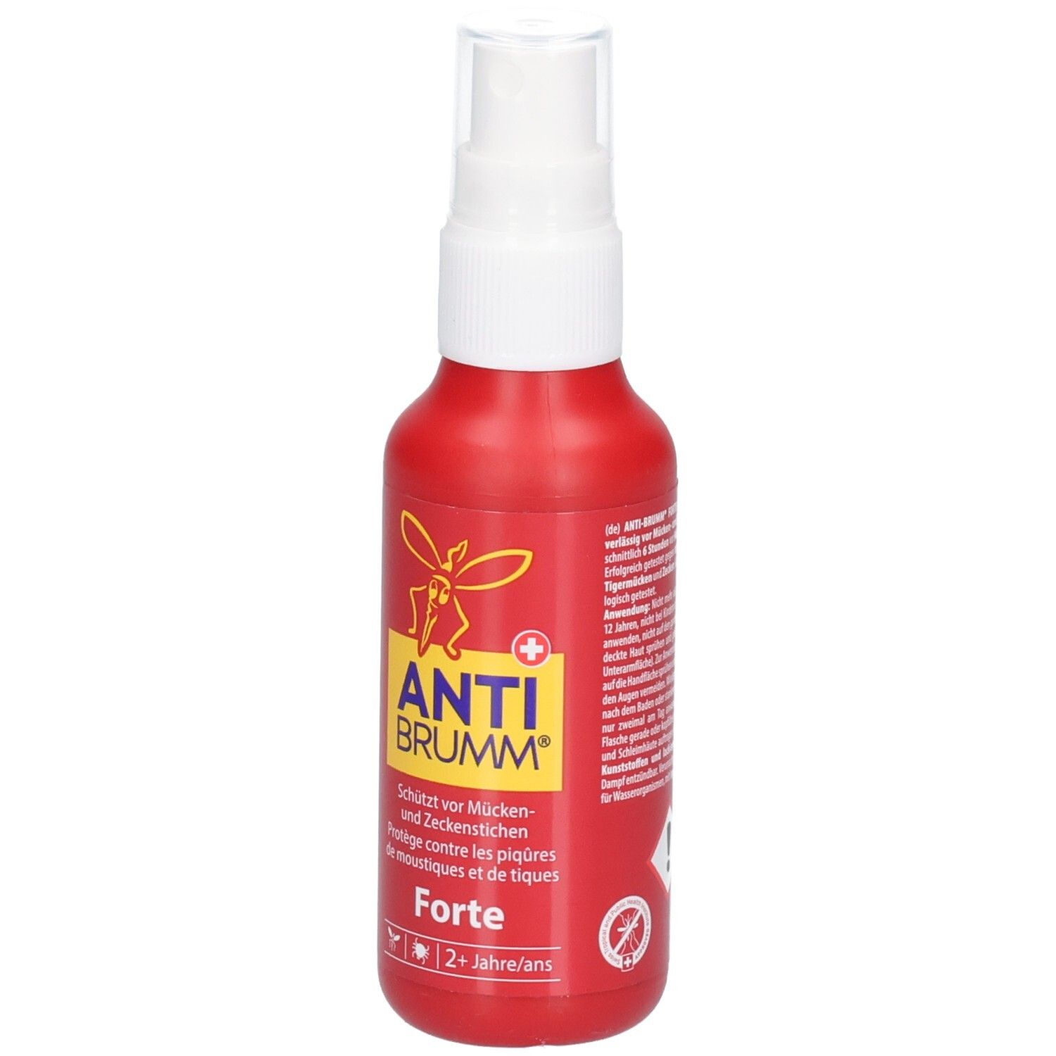 Flacon pulvérisateur rouge avec bouchon blanc. Étiquette jaune avec inscription rouge 'ANTI BRUMM' et un moustique.