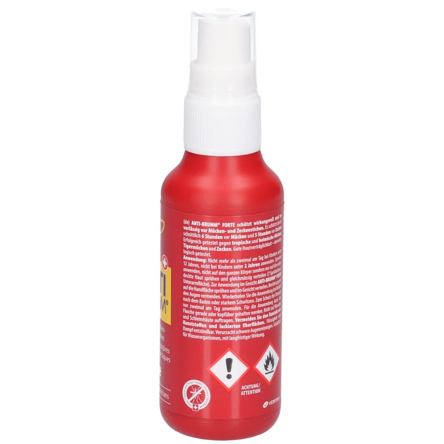 Arrière d'un flacon pulvérisateur rouge avec instructions d'utilisation détaillées et informations produit en plusieurs langues.