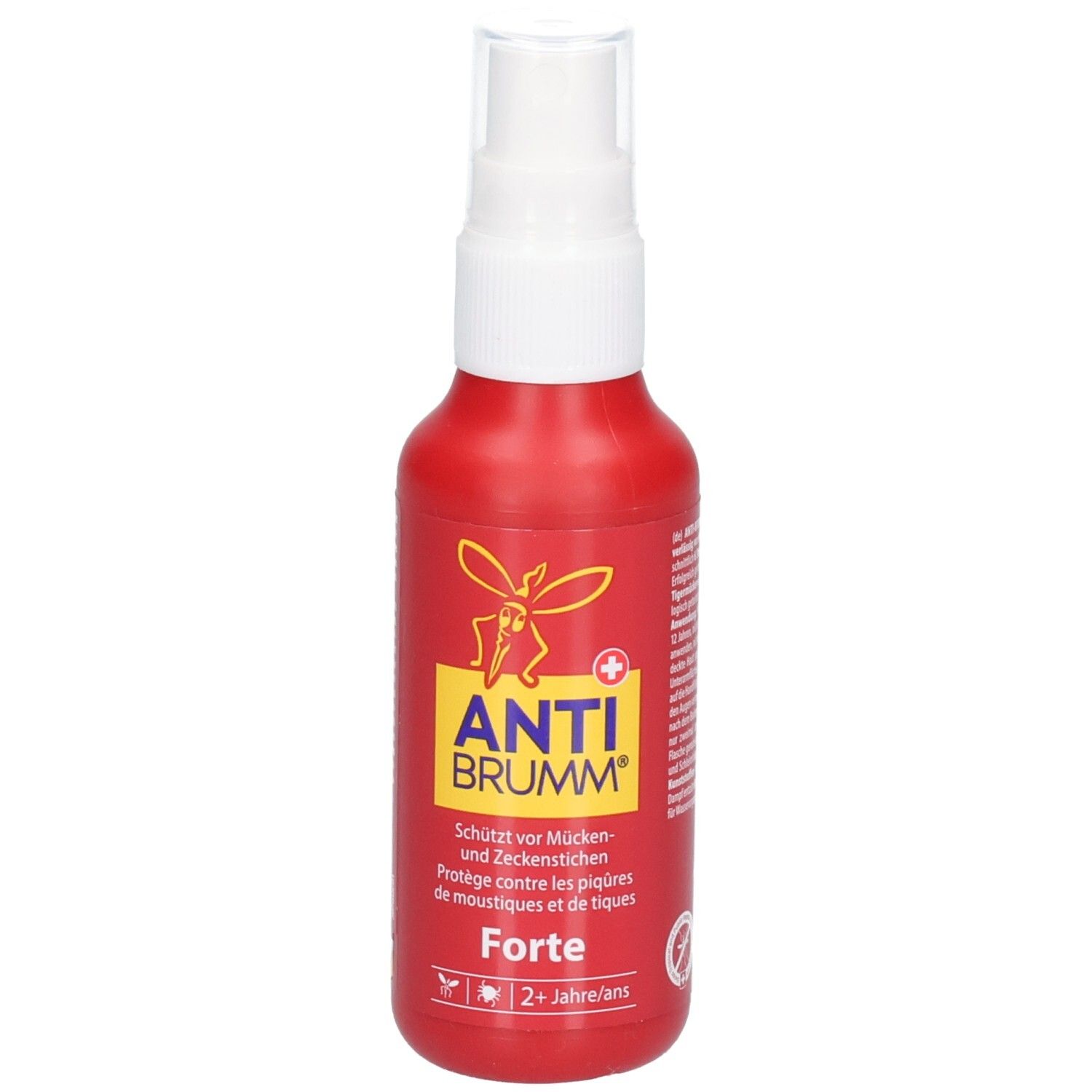Flacon pulvérisateur rouge avec bouchon blanc. Étiquette jaune avec inscription rouge 'ANTI BRUMM' et un moustique.