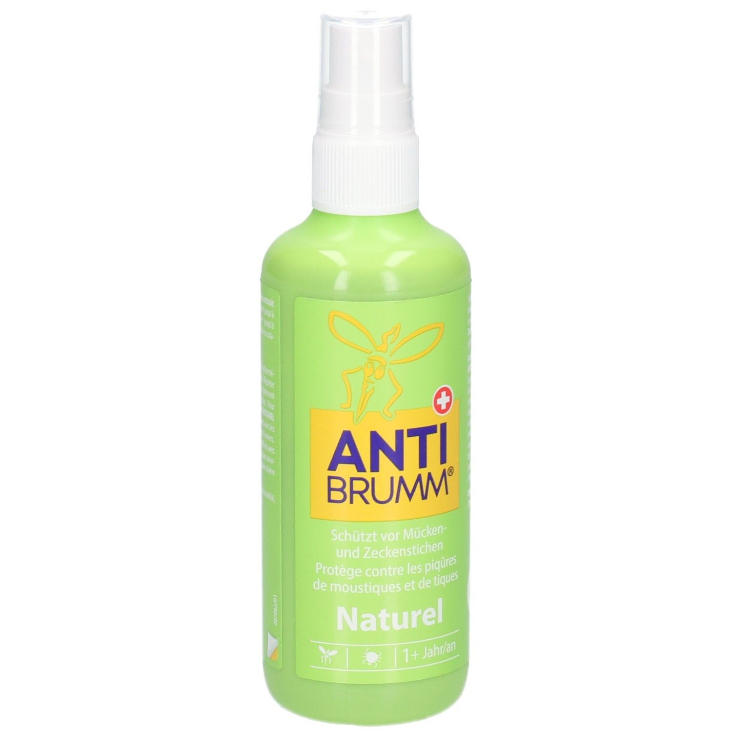Grüne Sprühflasche mit gelbem Etikett und der Aufschrift ANTI BRUMM Naturel.
