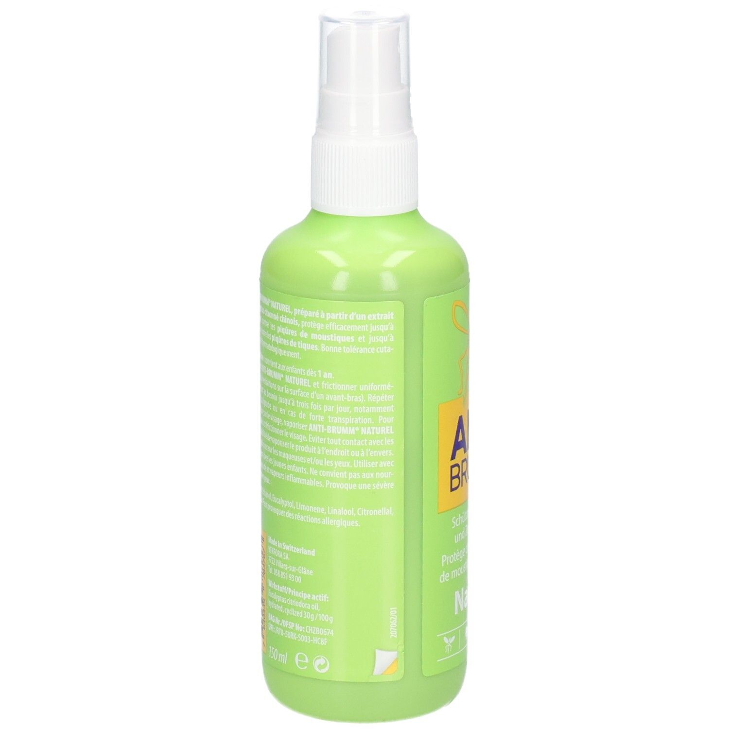 Rückseite einer grünen Sprühflasche mit detaillierten Produktinformationen auf dem Etikett.