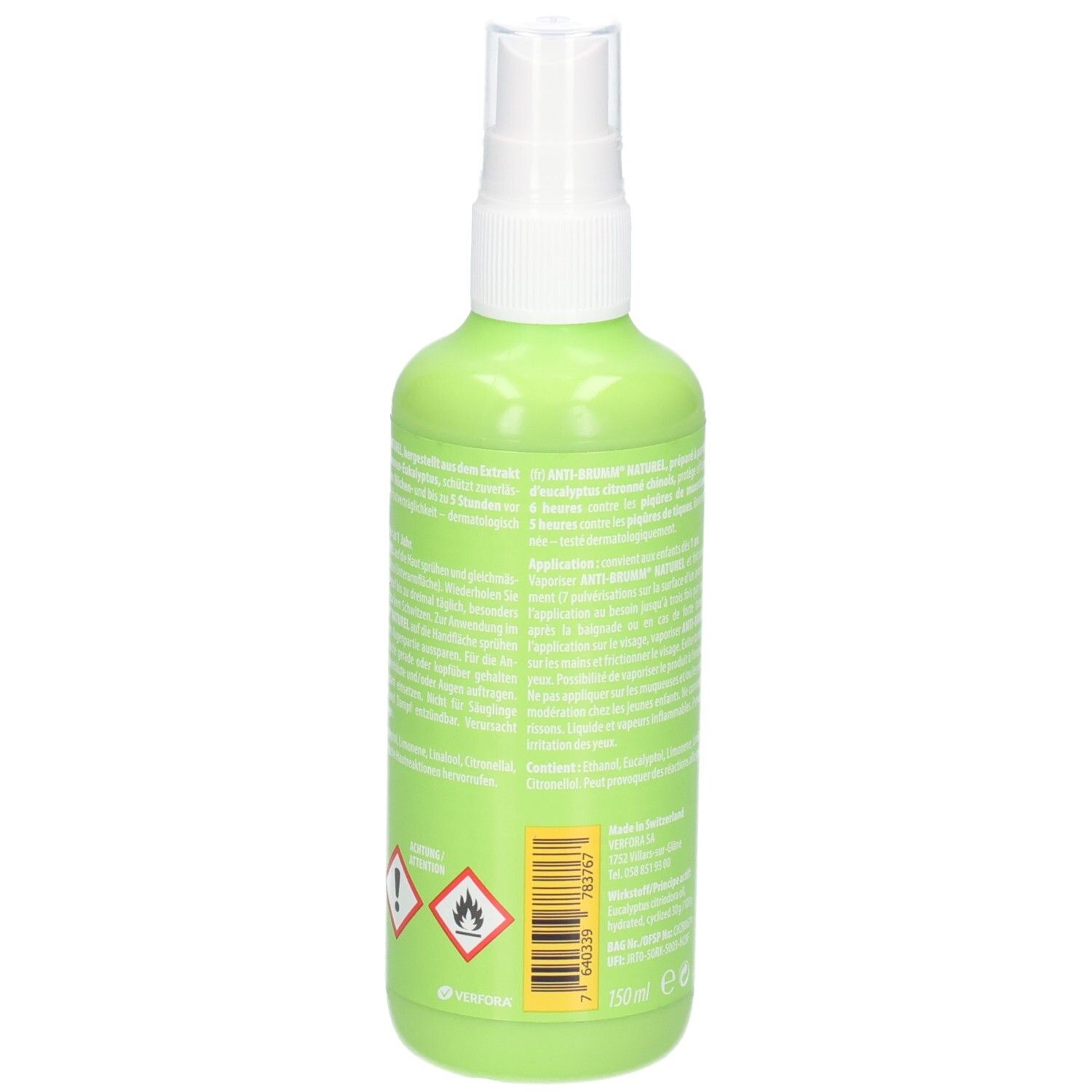 Rückseite einer grünen Sprühflasche mit Warnsymbolen und Produktinformationen.