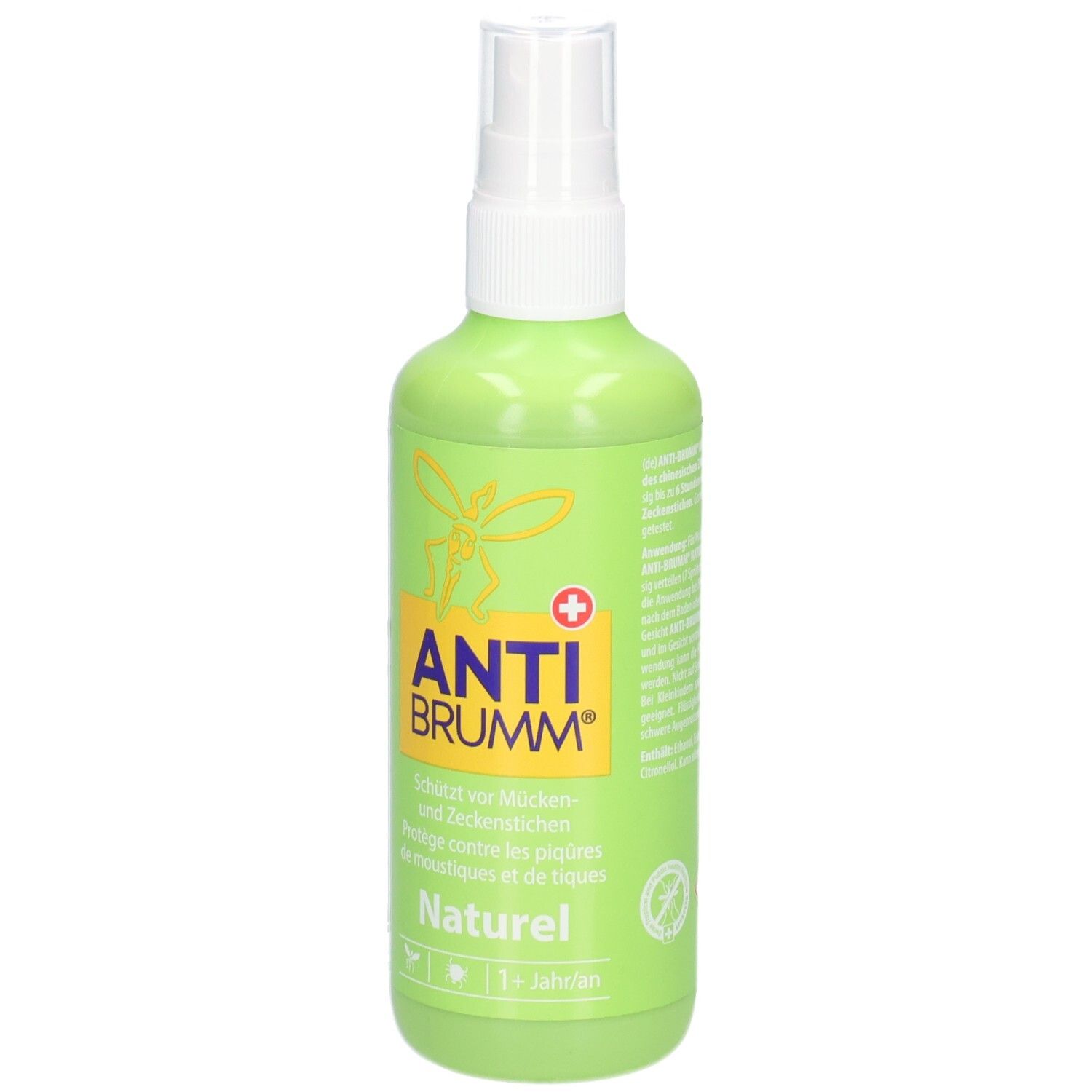 Grüne Sprühflasche mit gelbem Etikett, Aufschrift ANTI BRUMM Naturel und Mückenmotiv.