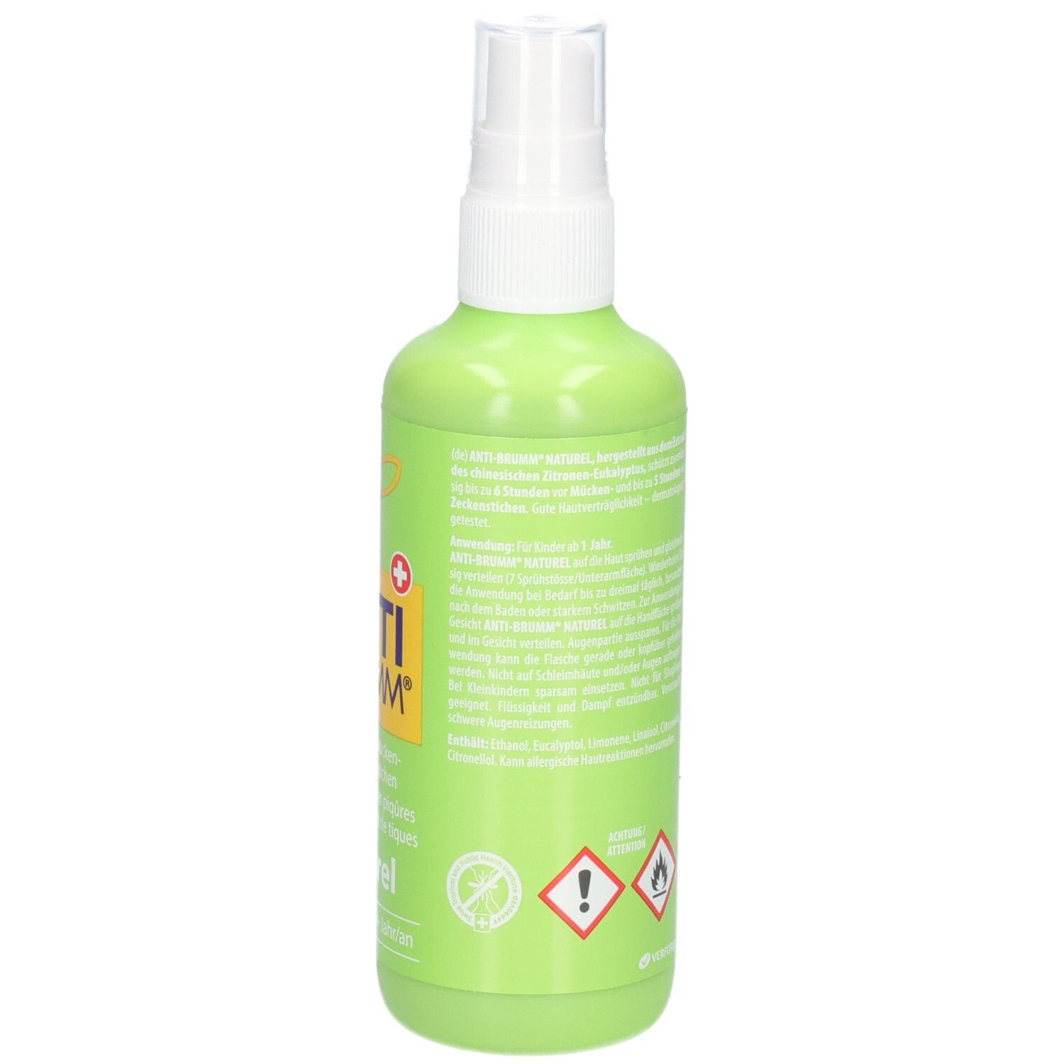 Rückseite einer grünen Sprühflasche mit Warnsymbolen und Textinformationen.