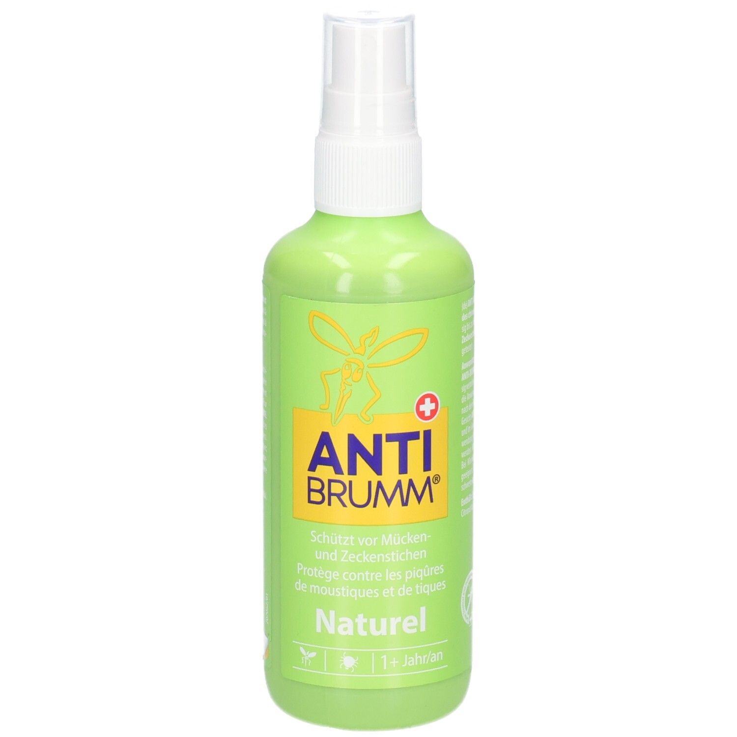Grüne Sprühflasche mit gelbem Etikett, Aufschrift ANTI BRUMM Naturel und Mückenmotiv.