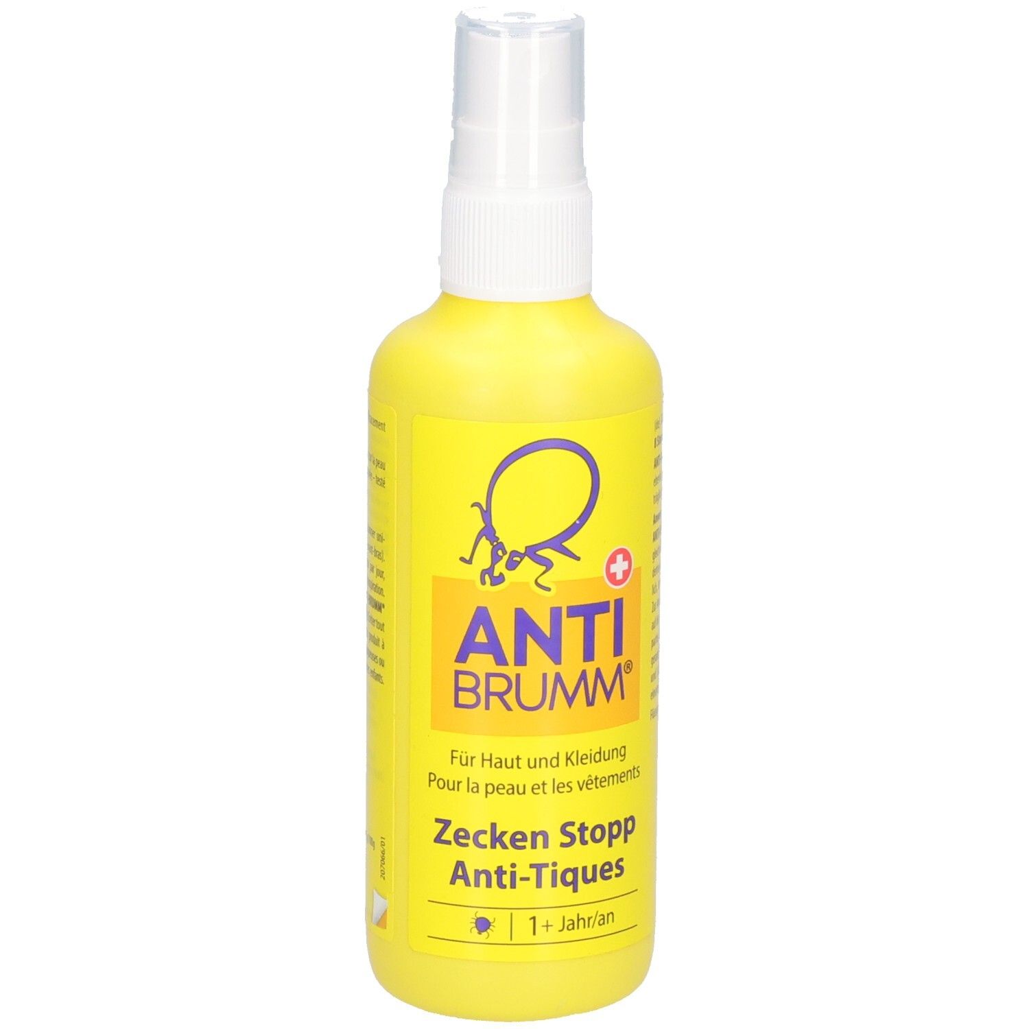 Flacon spray jaune avec tête de pulvérisation blanche. Logo violet avec un insecte et inscription ANTI BRUMM. Texte : Zecken Stopp Anti-Tiques.