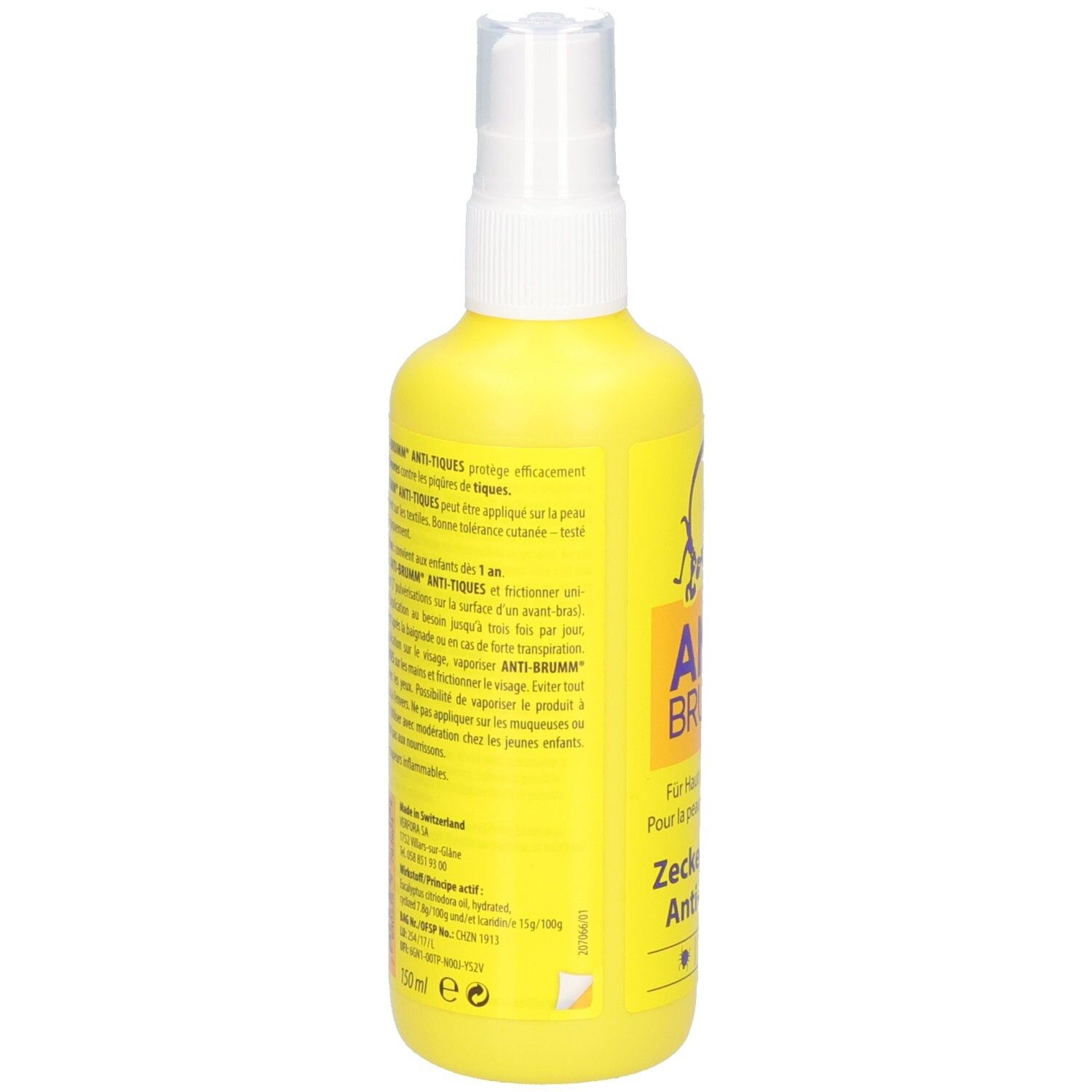 Arrière d'un flacon spray jaune avec instructions d'utilisation détaillées et informations produit en plusieurs langues.