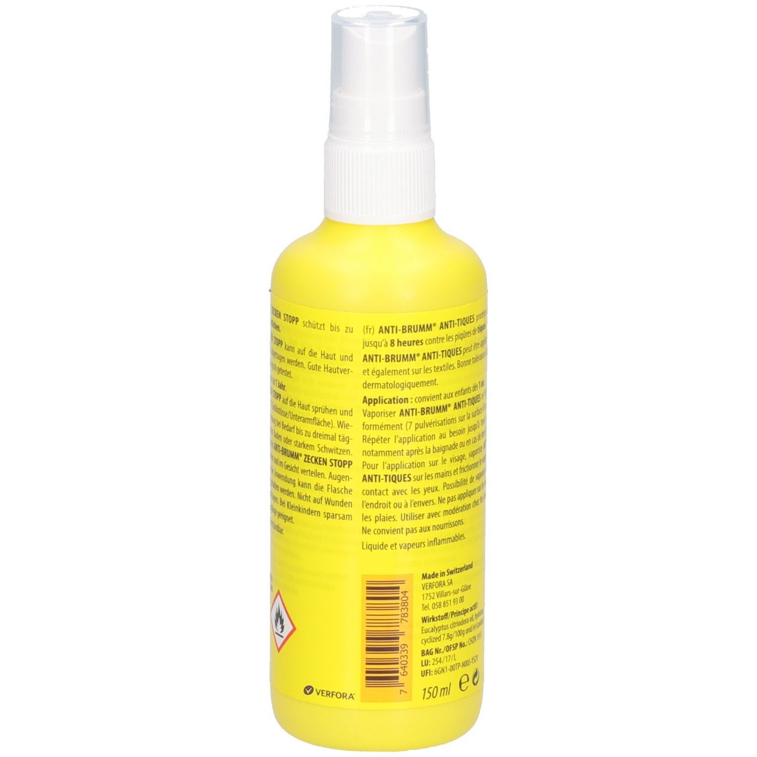 Arrière d'un flacon spray jaune avec symboles d'avertissement, code-barres et lieu de fabrication. Texte : 150 ml e.